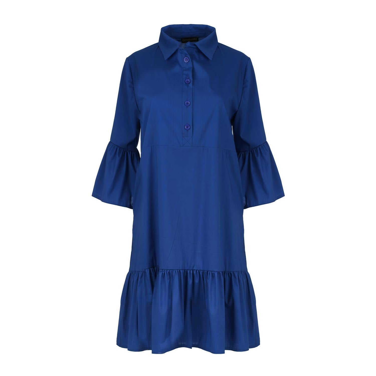 Royal Blue Bell Sleeve Dress With Ruffle Hem | Conquista