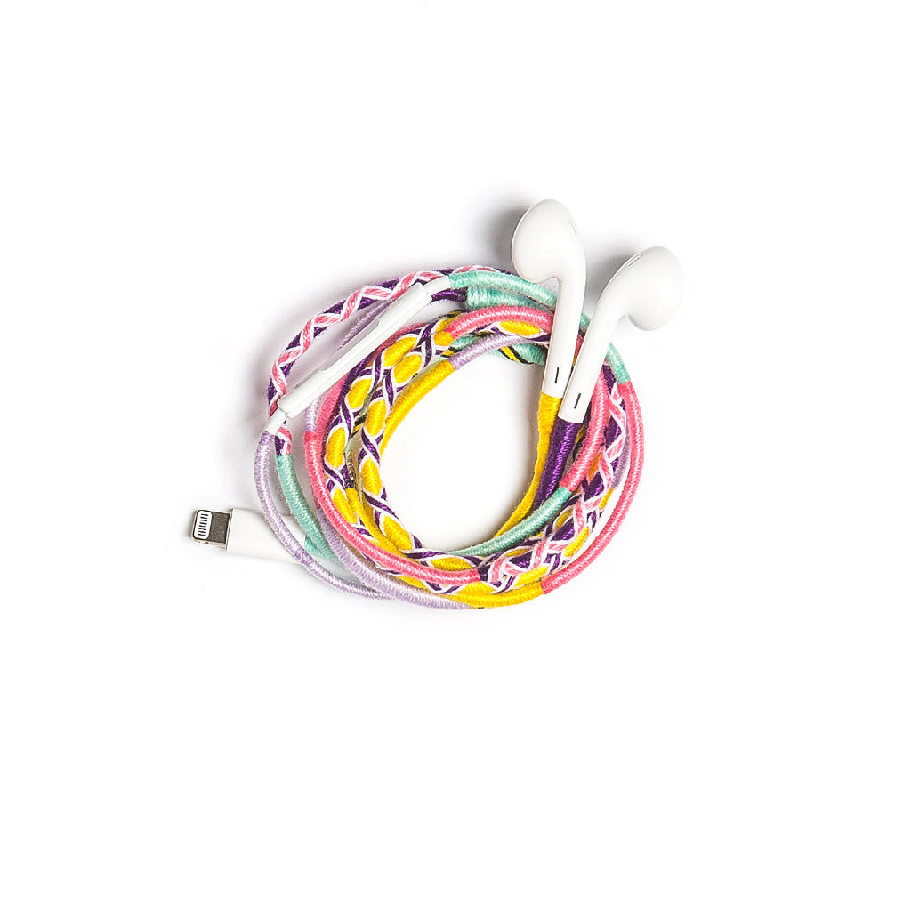 Le Pom Pom Pink / Purple / Yellow Sunny Earphones In Pink/purple/yellow