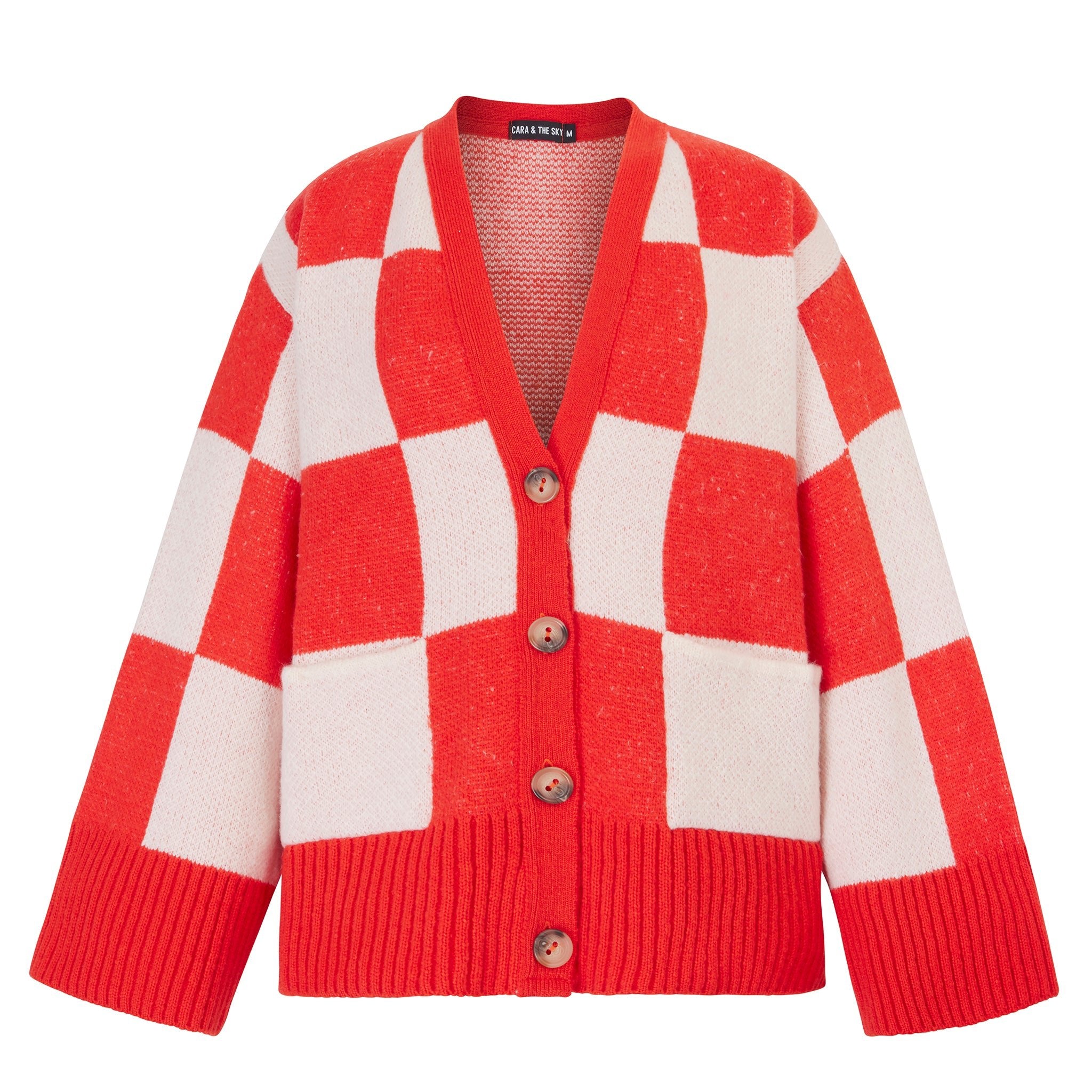 Candice Checked Wide Sleeve Cardigan - Red & White | Cara