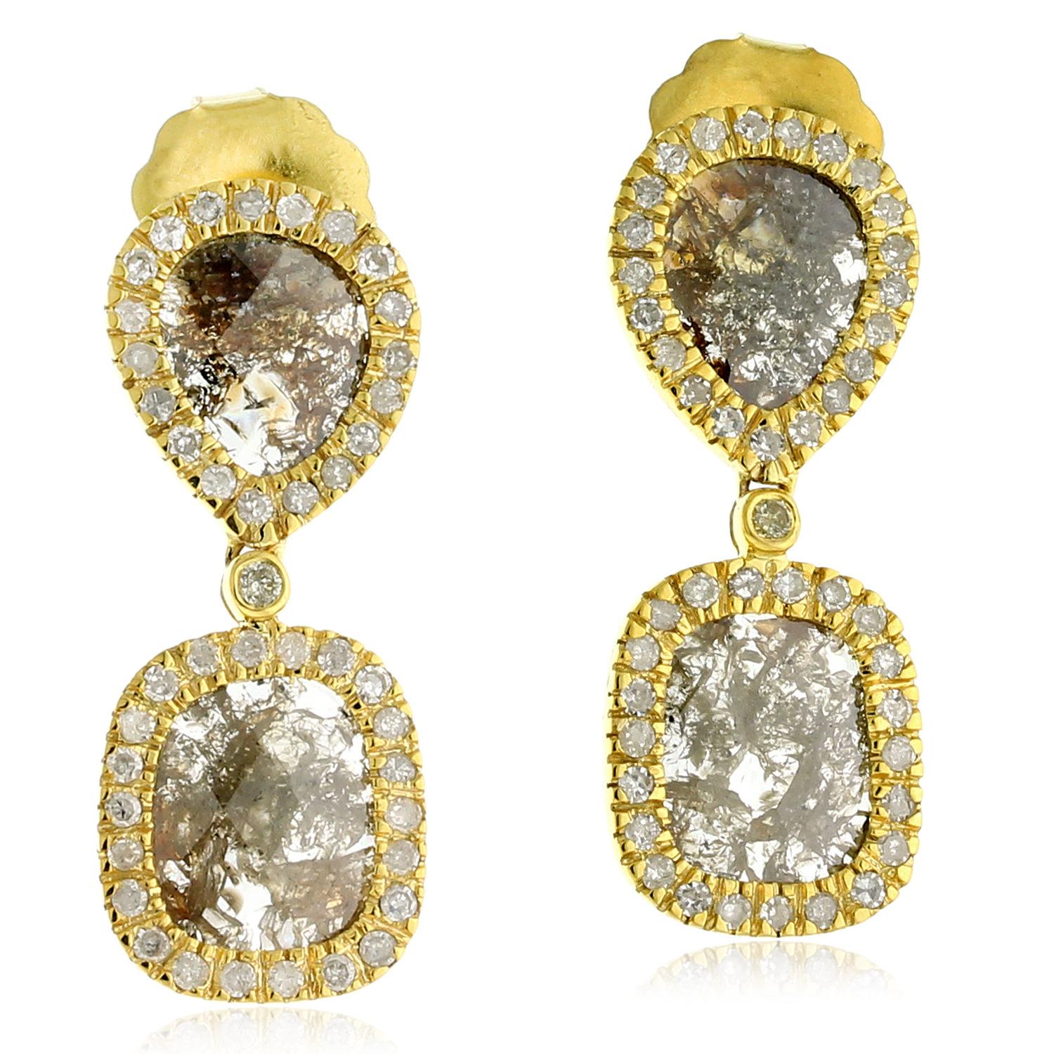 Artisan Women's Gold / White / Brown "slice Diamond Drop Earrings In 18k Yellow Gold With Halo Setting"