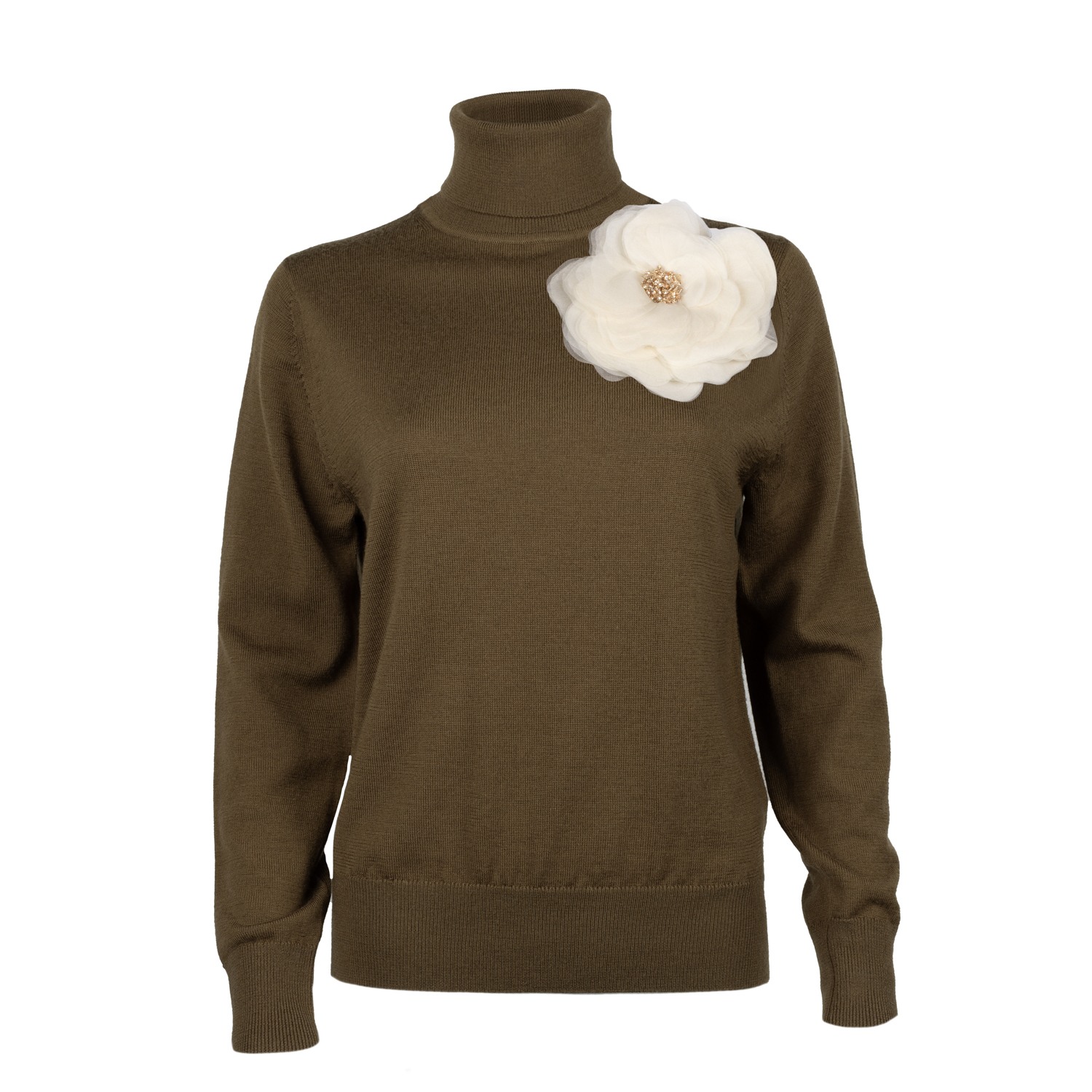 Laines London Women's Gold / Green / Neutrals Laines Couture Embellished Cream Corsage Knitted Roll Neck Jumper - In Gold/green