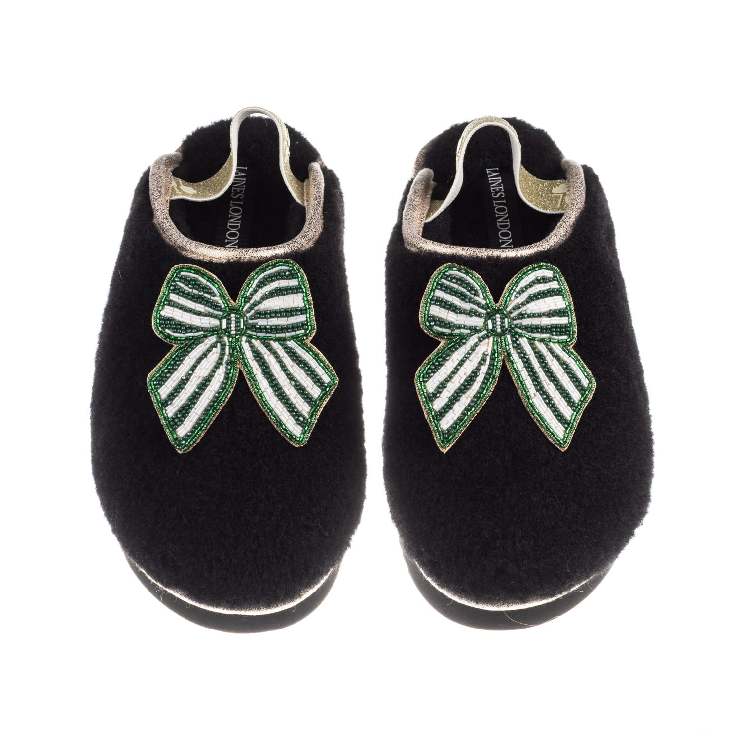 Laines London Women's Black / Gold Flatform Cloud Slippers With Green Stripe Bow Brooches - Black In Black