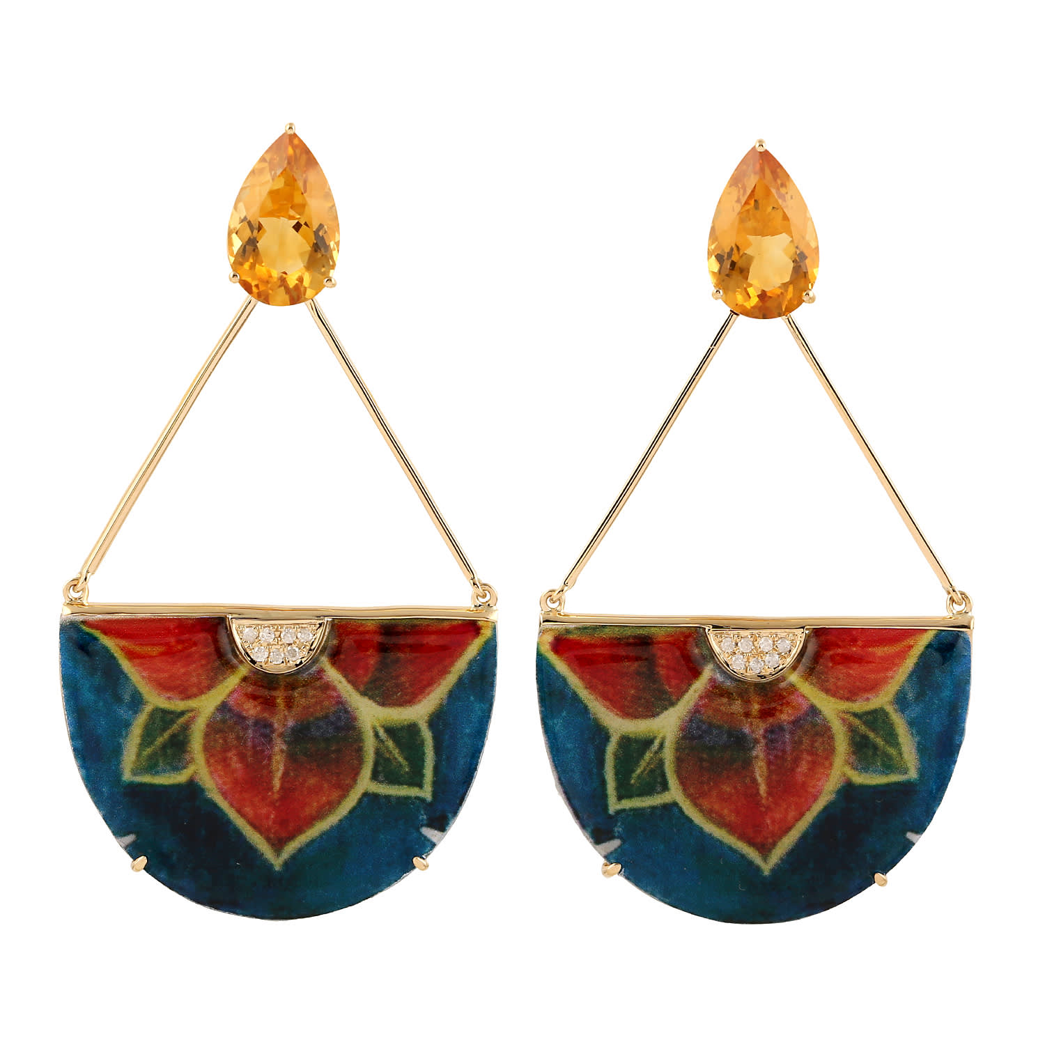 Artisan Women's Mop & Citrine Gemstone Chandelier Earrings In Gold – Pave Diamond & Bakelite Statement Jewel In Gold