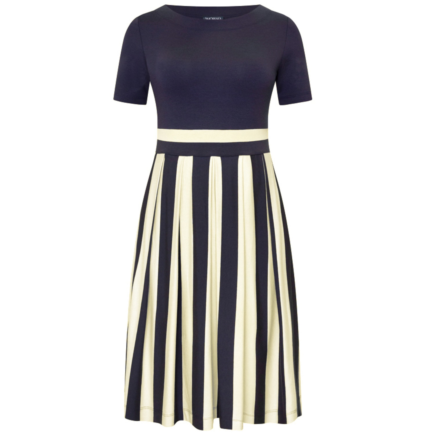 Amoresea Women's Blue / White Classy Navy Blue White Pleated Jersey Knee High Dress With Pockets In Blue/white