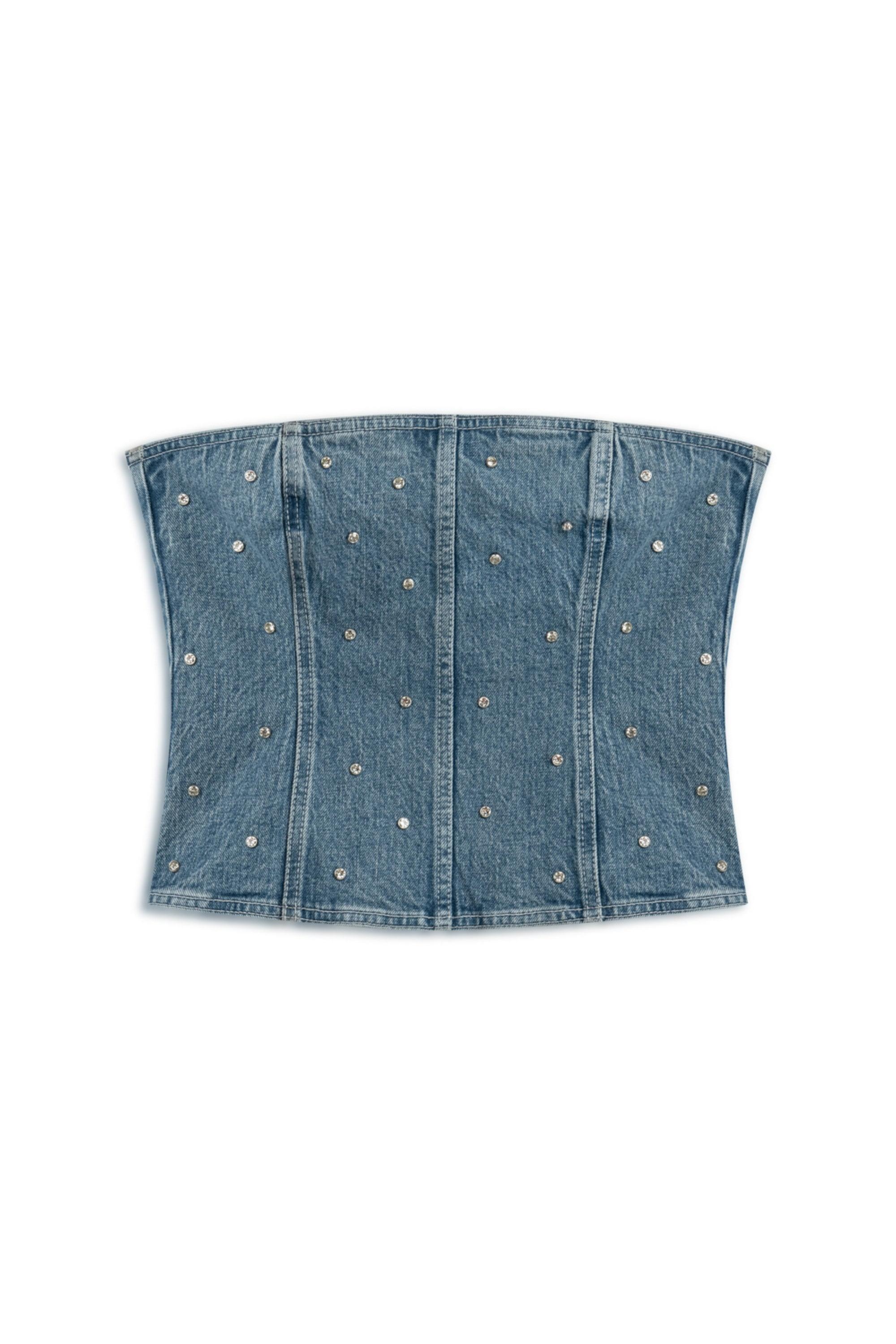 Nocturne Women's Blue Stoned Strapless Denim Crop Top In Blue