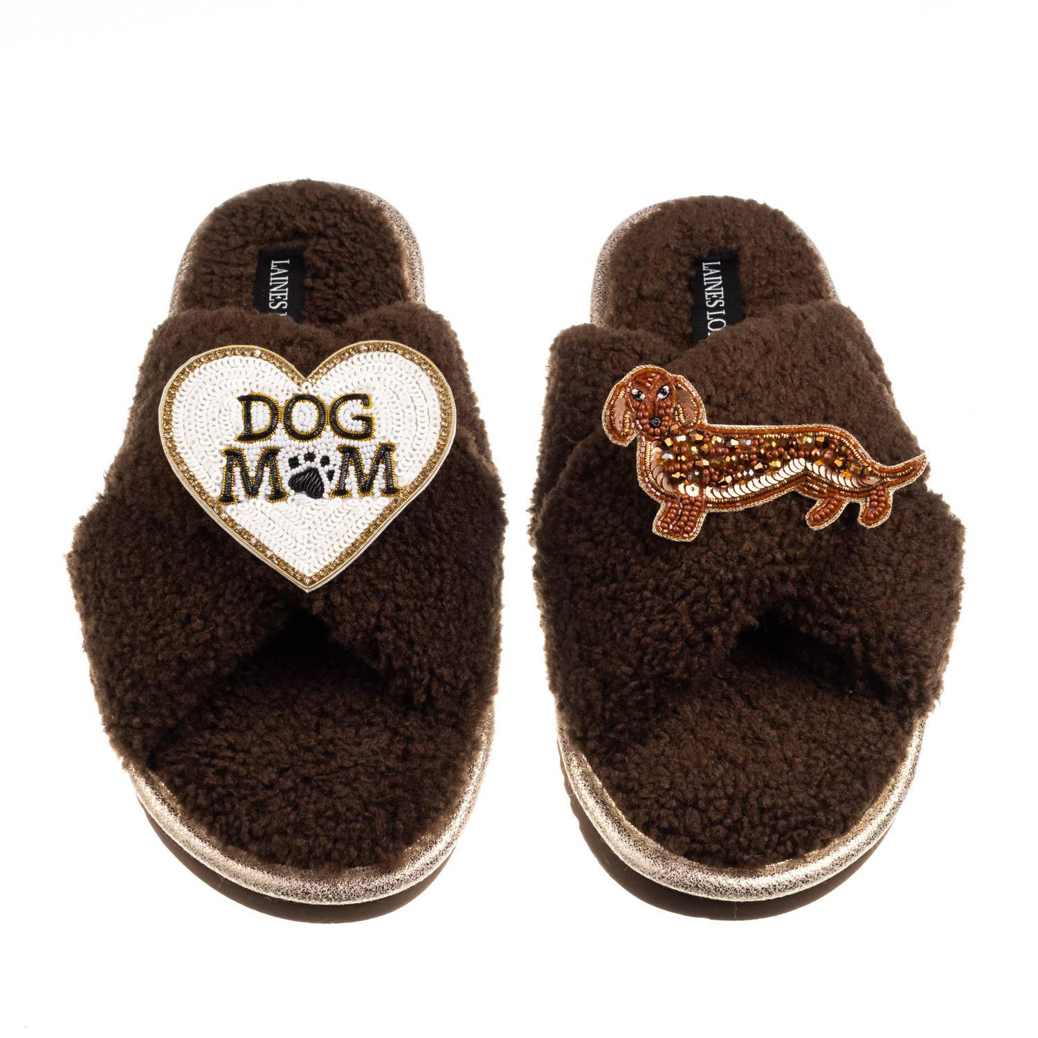 Laines London Women's Brown / Neutrals Boucle Slippers With Dog Mum/mom & Red Dachshund Brooches - Chocolate In Brown
