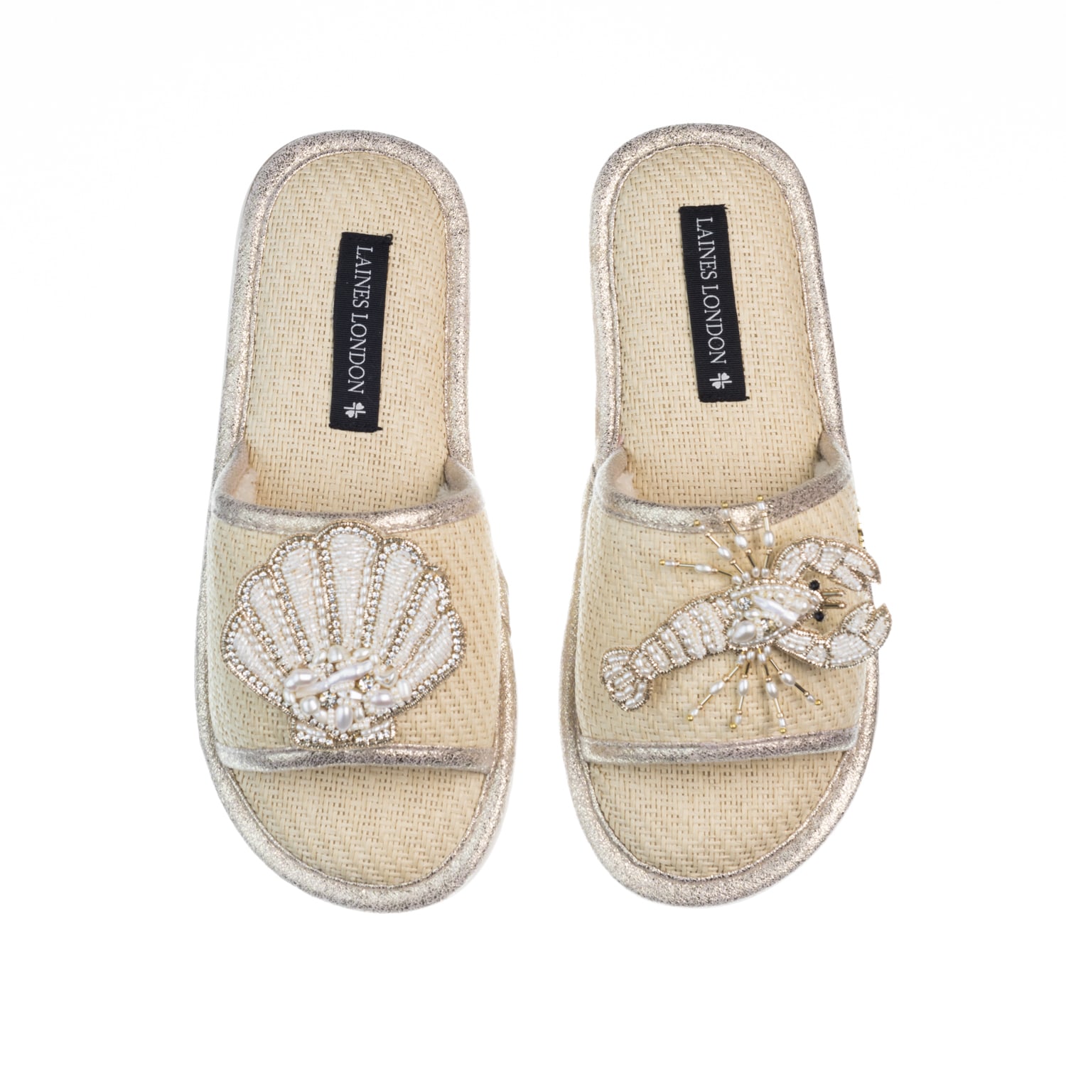 Women’s White Straw Braided Sandals With Beaded Shell & Lobster Brooches - Cream Large Laines London