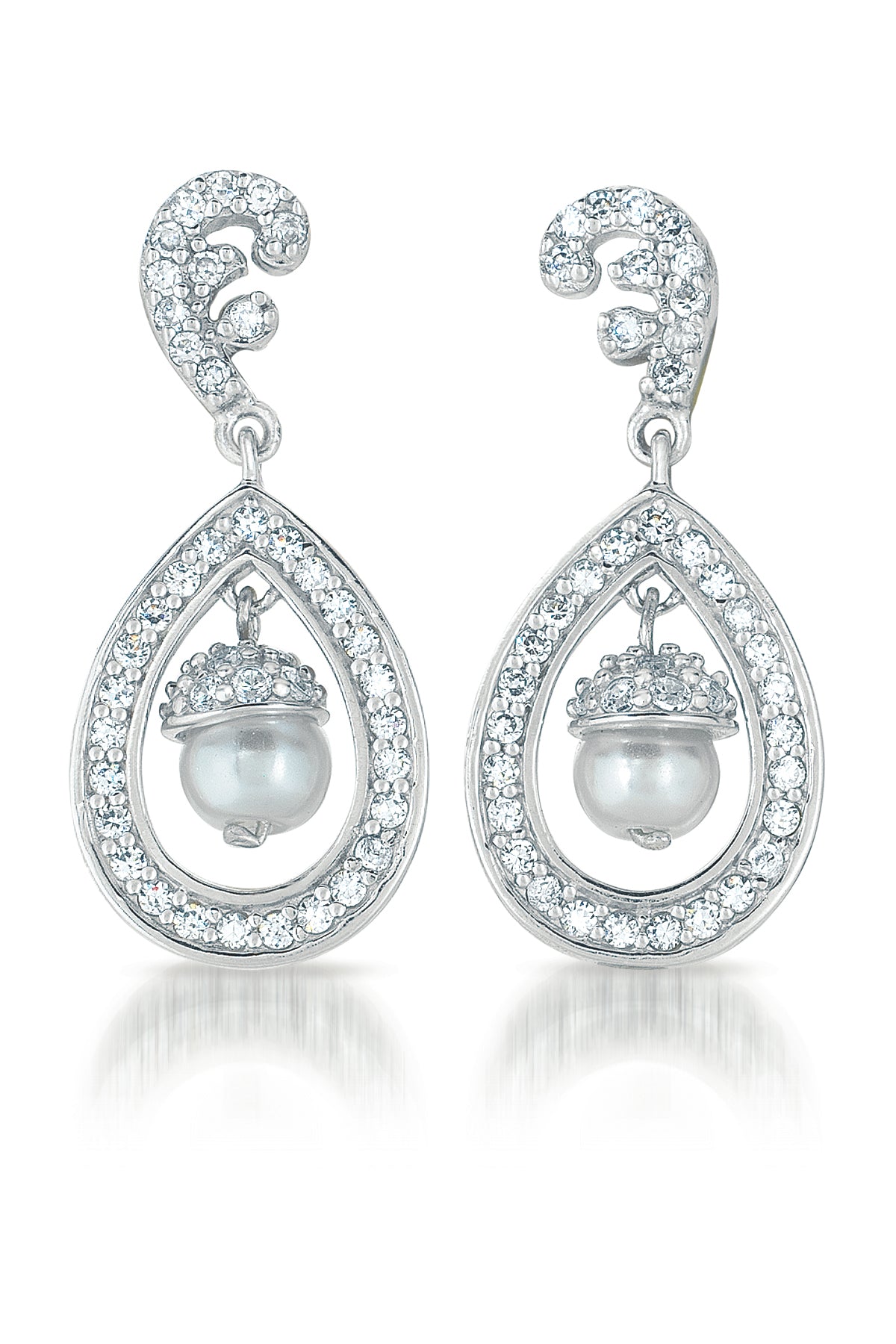 Genevive Jewelry Women's White / Silver Cubic Zirconia Sterling Silver White Gold Plated Teardrop Bead Earrings In Multi