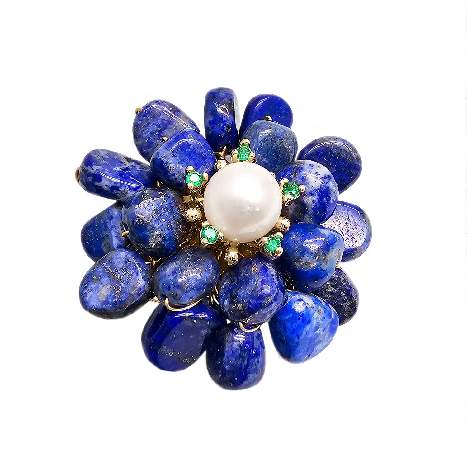 Women's Blue Handcrafted Flower Shaped Lapis Lazuli With Pearl Brooch | Farra