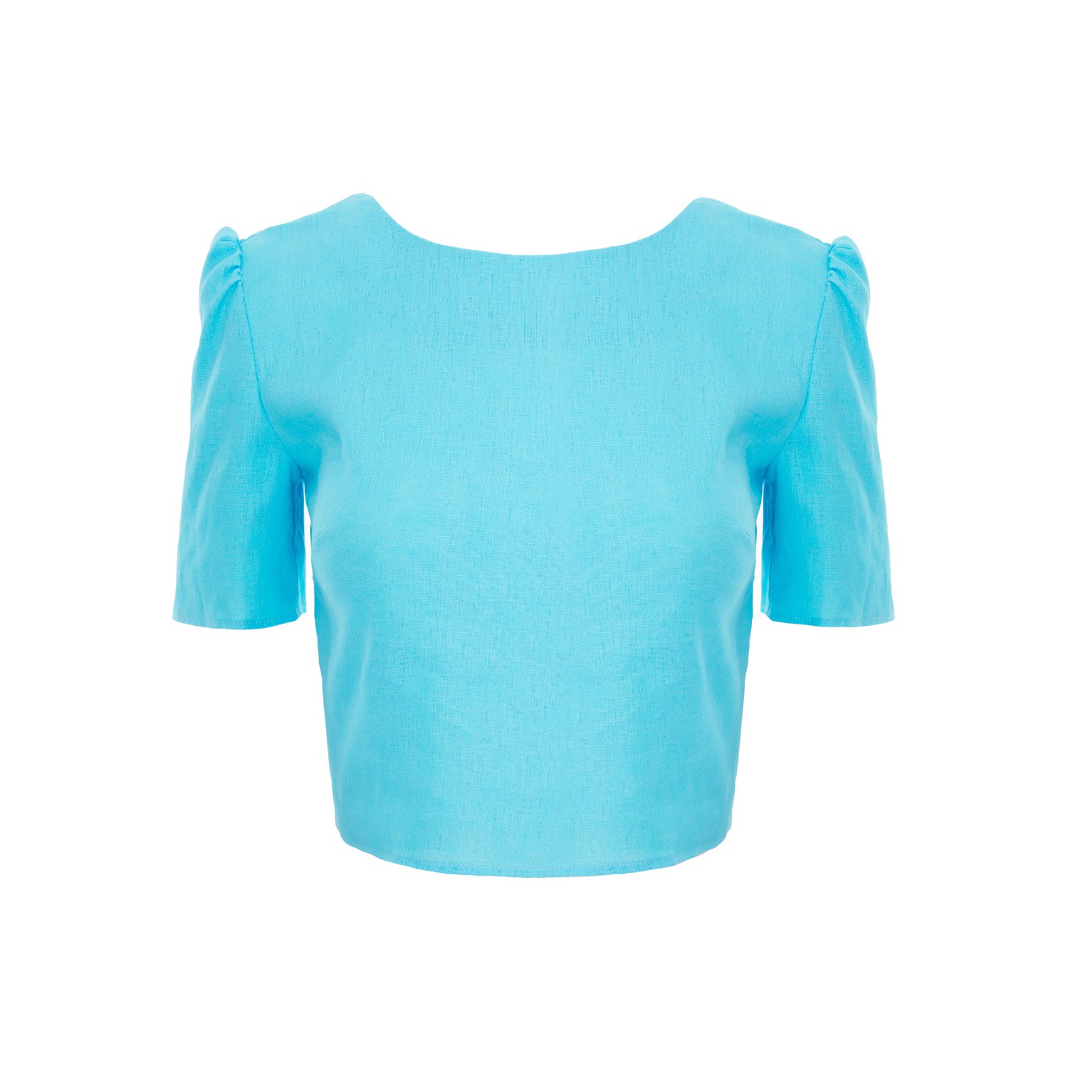 Avenue No.29 Women's Blue Linen Cropped Blouse With Back V Cut - Aqua In Blue