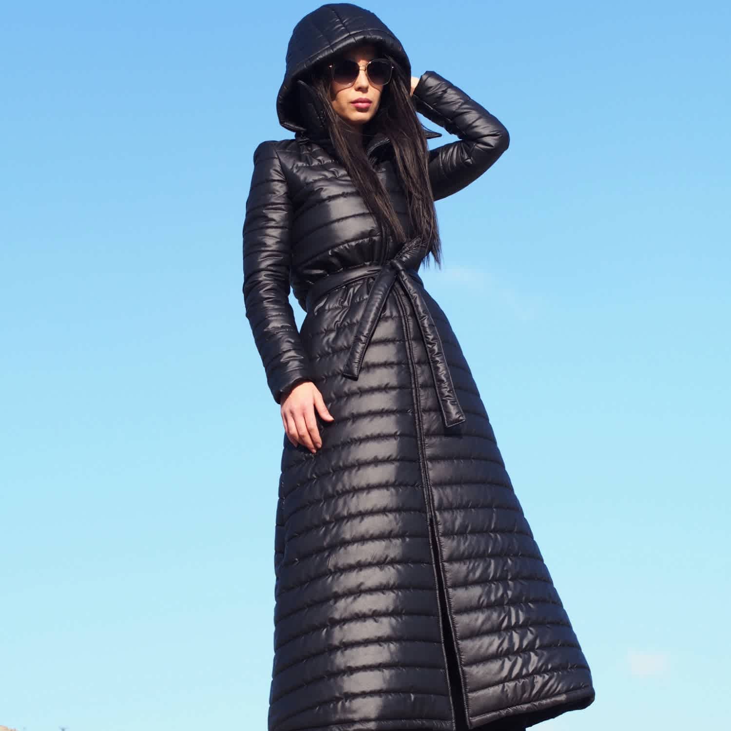 Long Black Puffer Coat Women'S Quilted Winter Jacket With Hood And