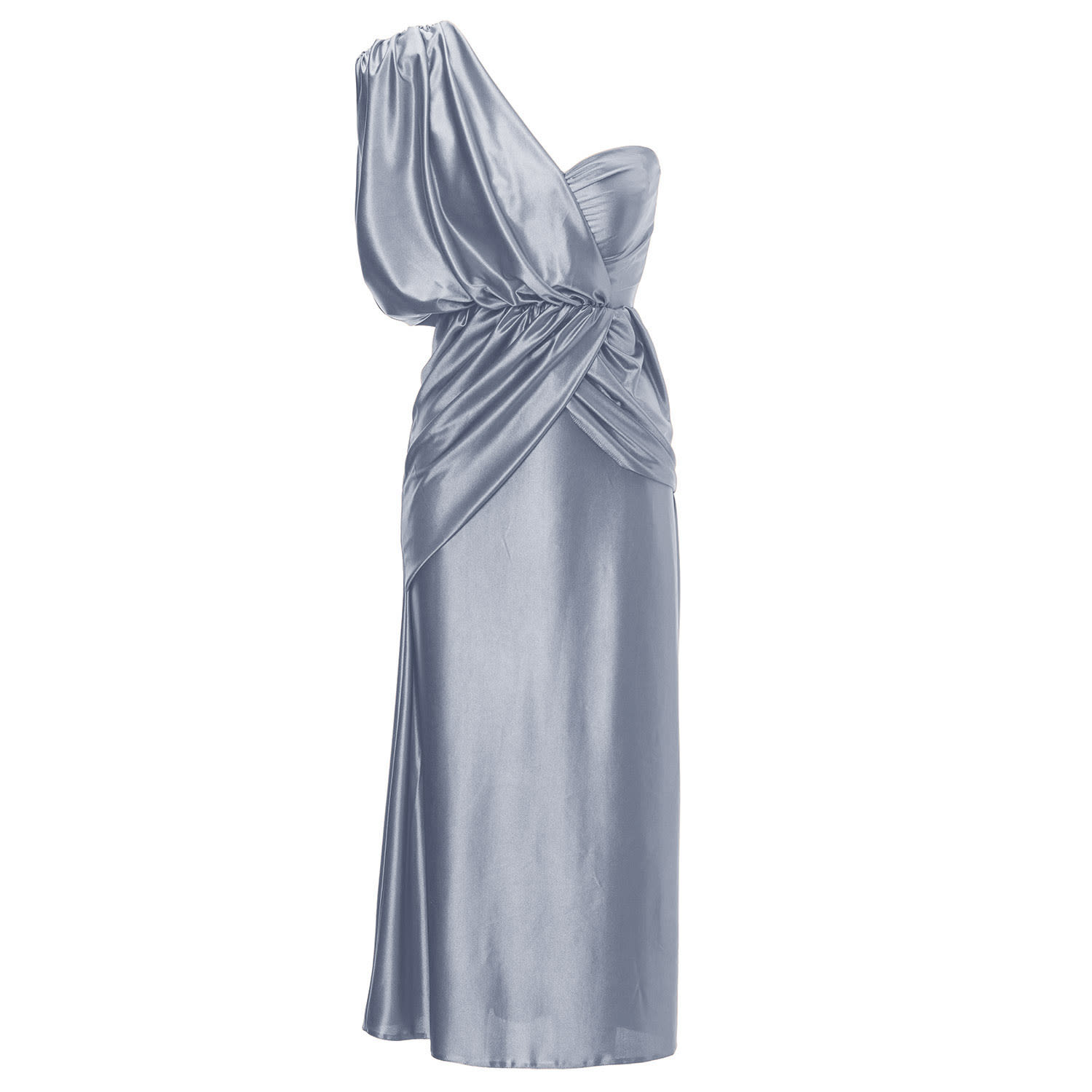 Bluzat Women's Grey Midi Dress With One Draped Shoulder In Grey