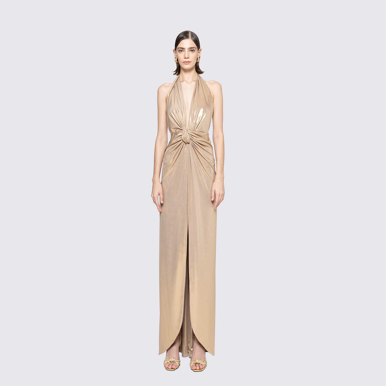 lame maxi dress ONE-SHOULDER DRAPED PLISS-LAM MAXI DRESS IN PINK METALLIC | CULT MIA