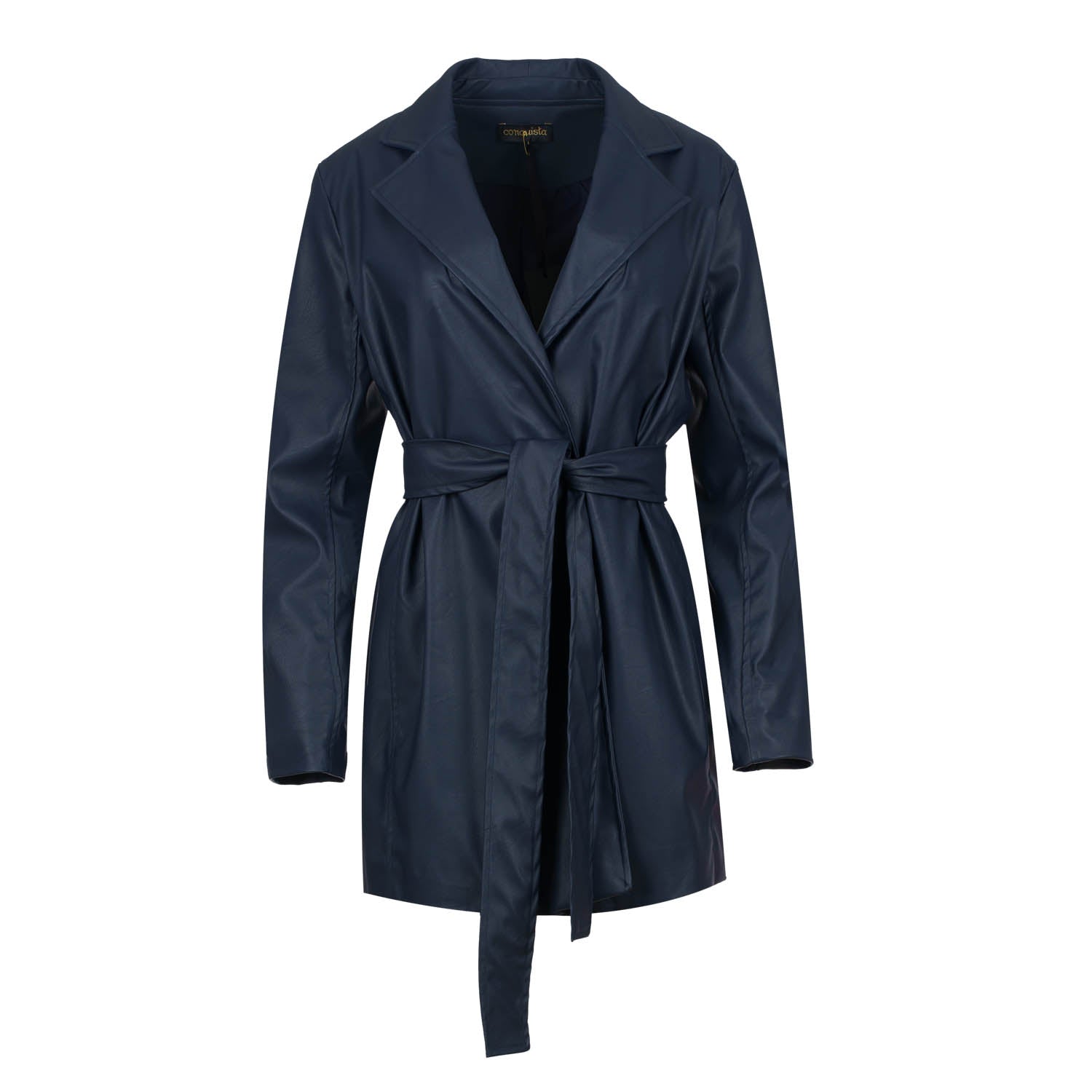 Conquista Women's Blue Navy Faux Leather Jacket With Belt In Blue