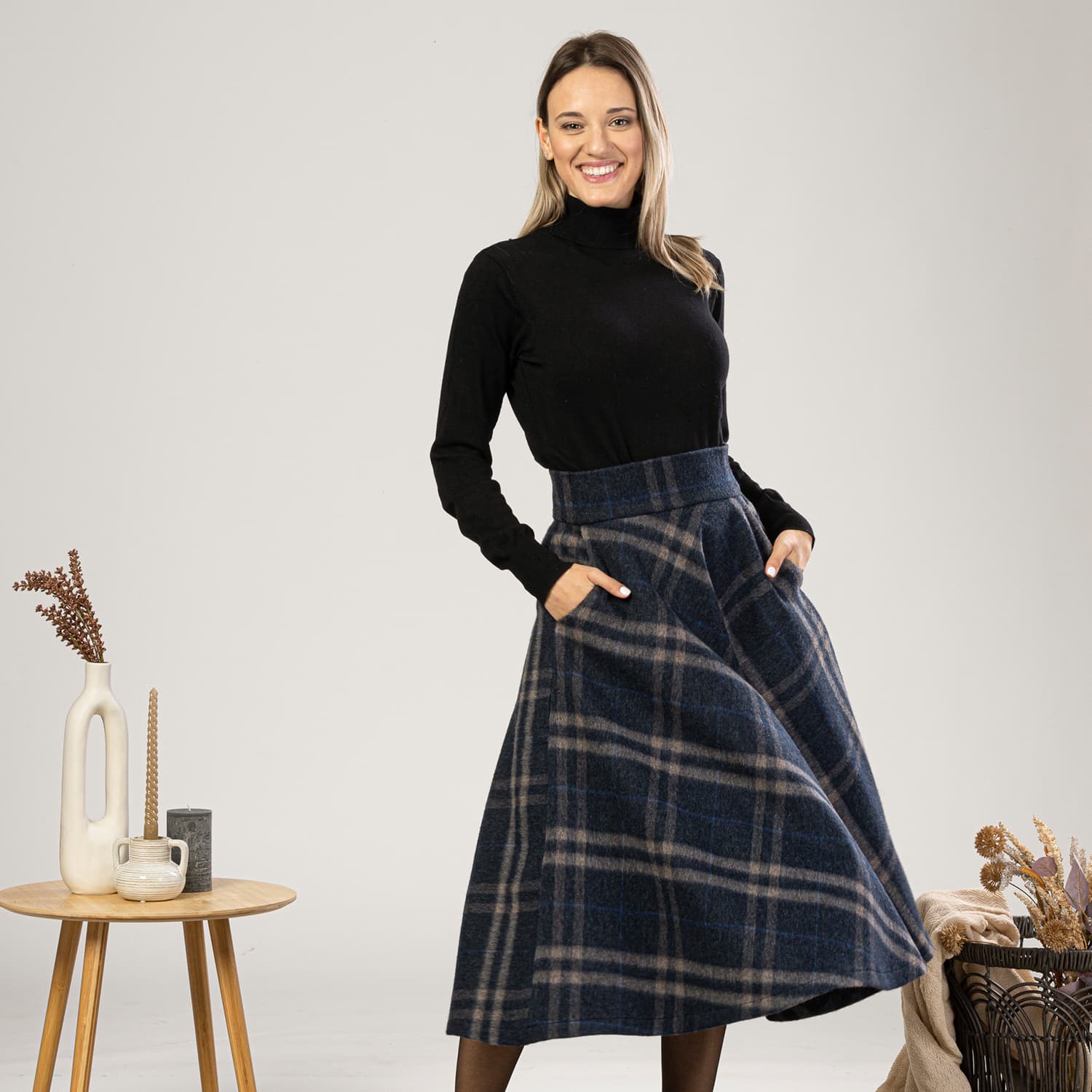 Wool Midi Tartan Skirt With High Waist & Pockets In Plaid Color