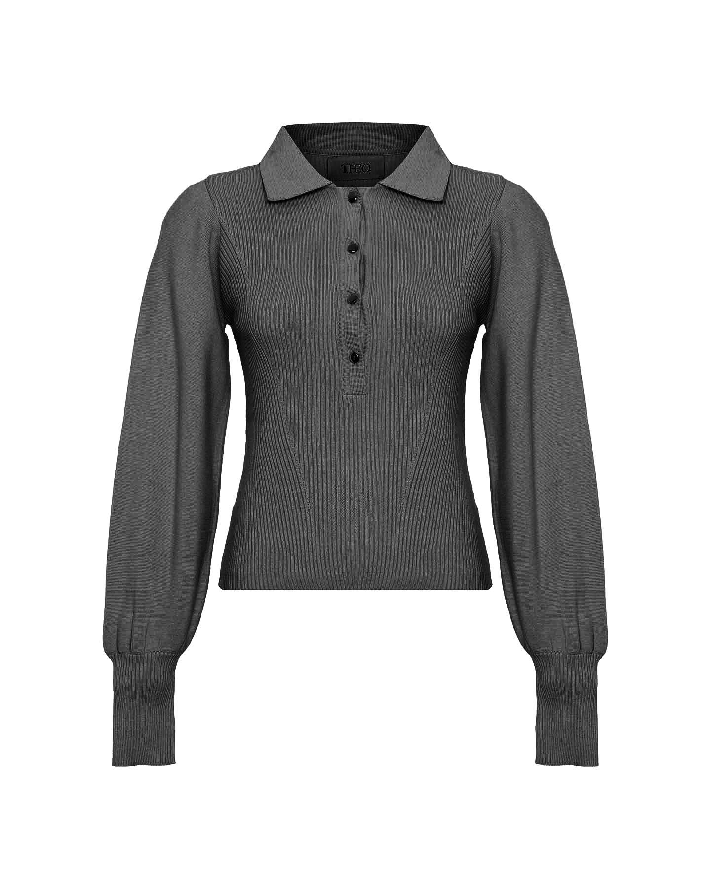 Theo The Label Women's Nomia Bouffant Sleeve Polo Knit - Black In Black