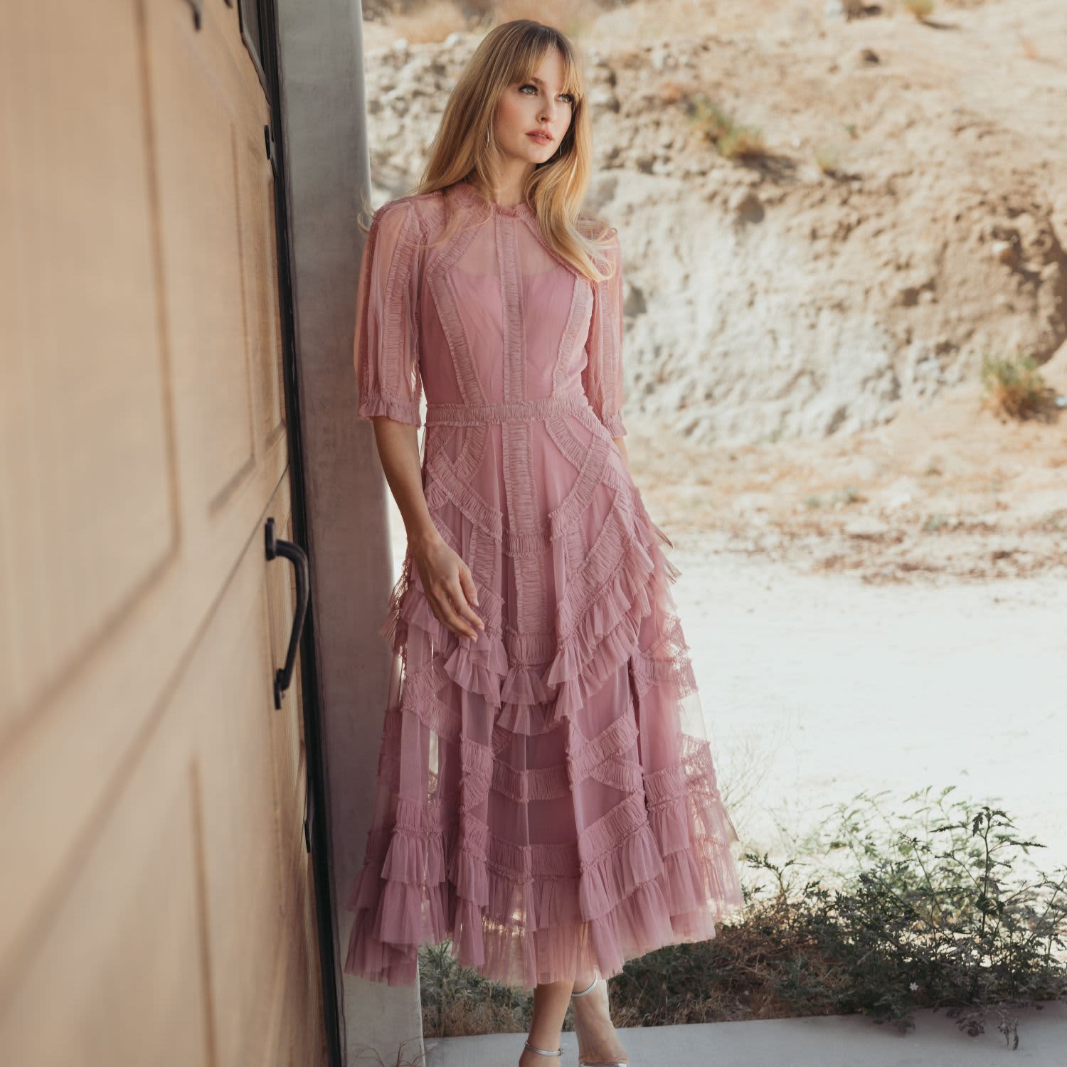 ruffle layered dress with sleeves High Neck Ruffle Long Sleeve Tiered Formal Dress Powder / 6