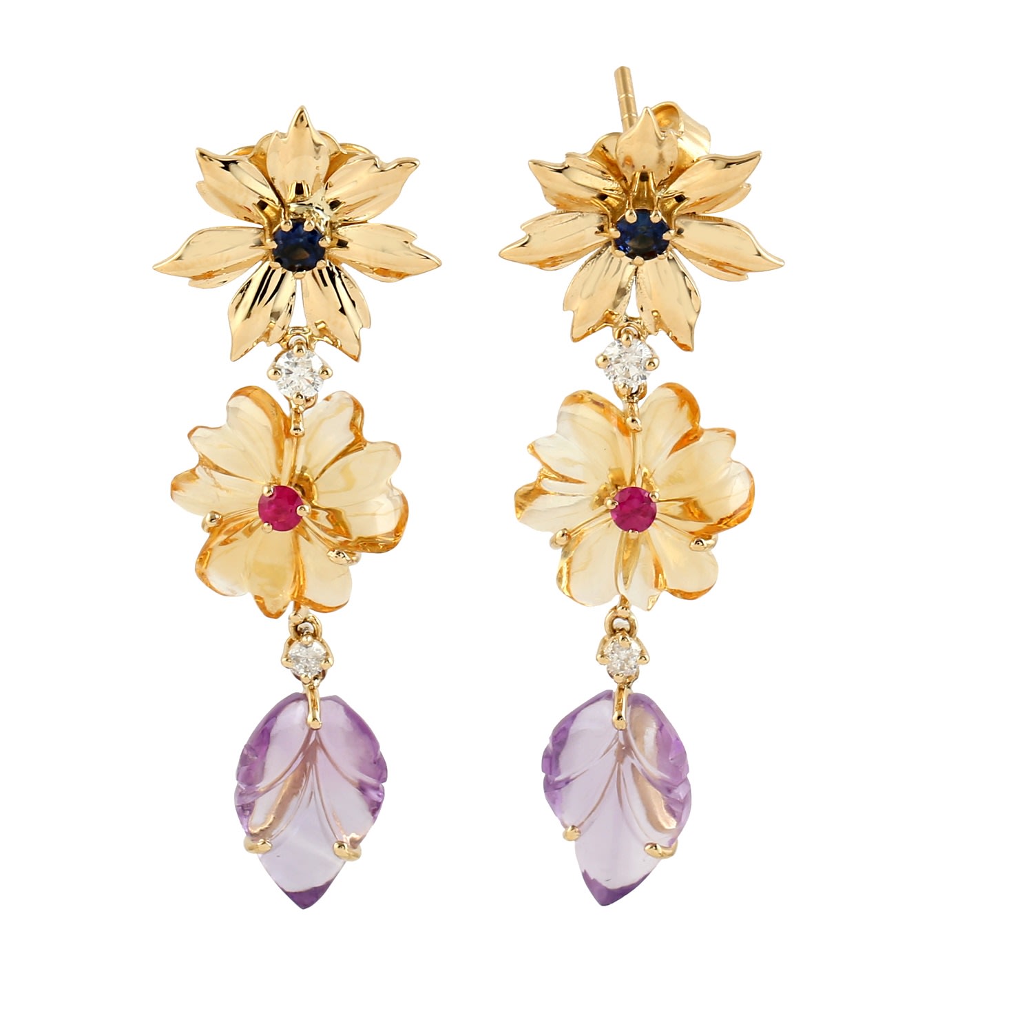 Women’s Pink / Purple / Gold 18K Gold In Carved Mix Stone & Ruby With Blue Sapphire Pave Diamond Unique Floral Dangle Earrings Artisan