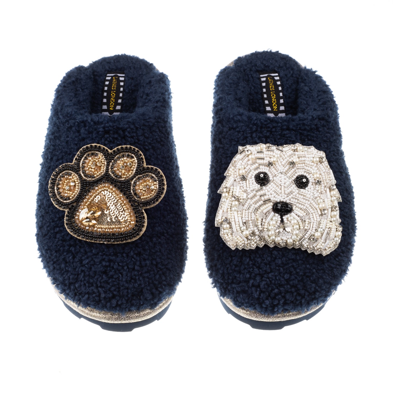 Women’s Blue Teddy Towelling Closed Toe Slippers With Queenie & Paw Brooch - Navy Medium Laines London