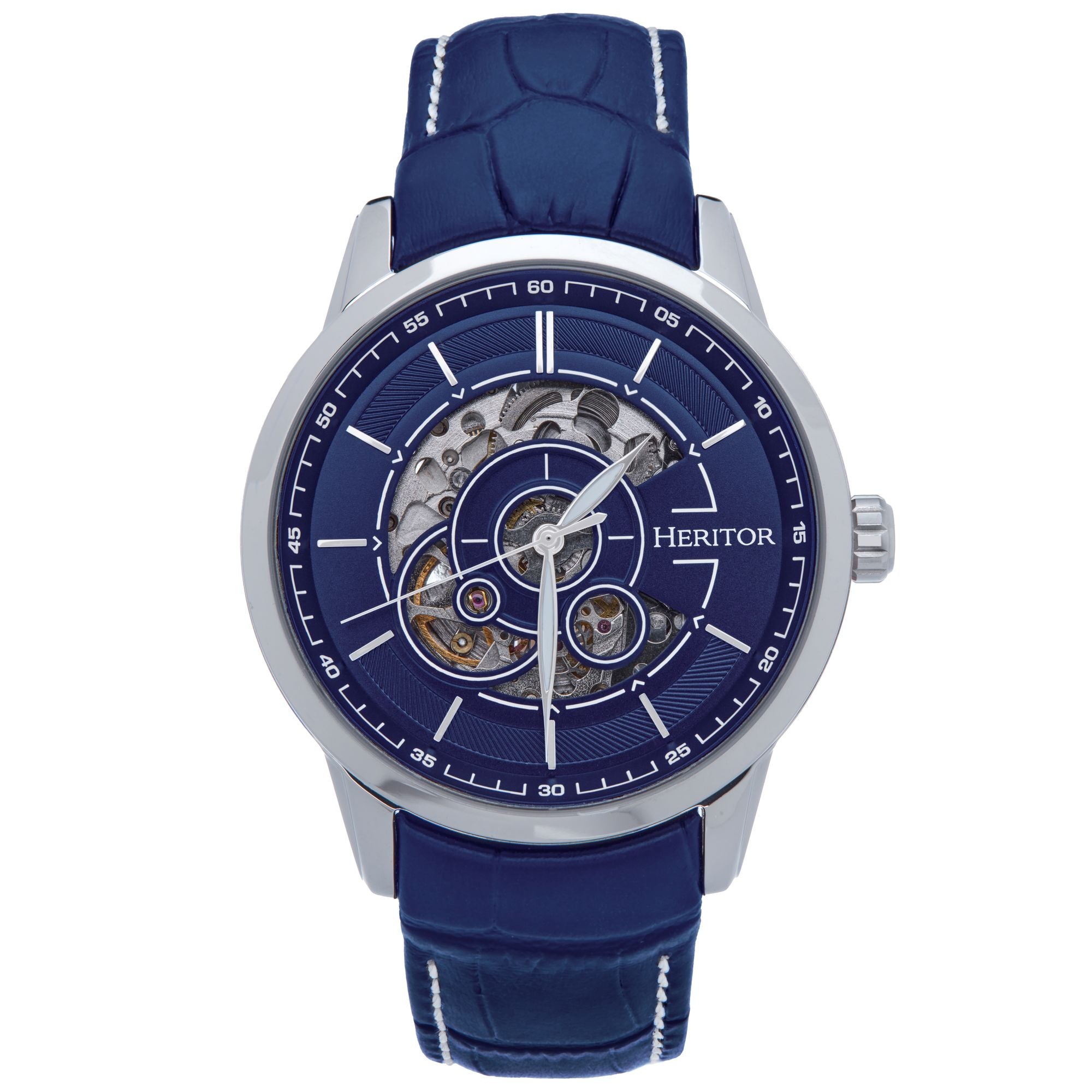 Men’s Silver / Blue Davies Semi-Skeleton Leather-Band Watch - Blue, Silver One Size Heritor Automatic