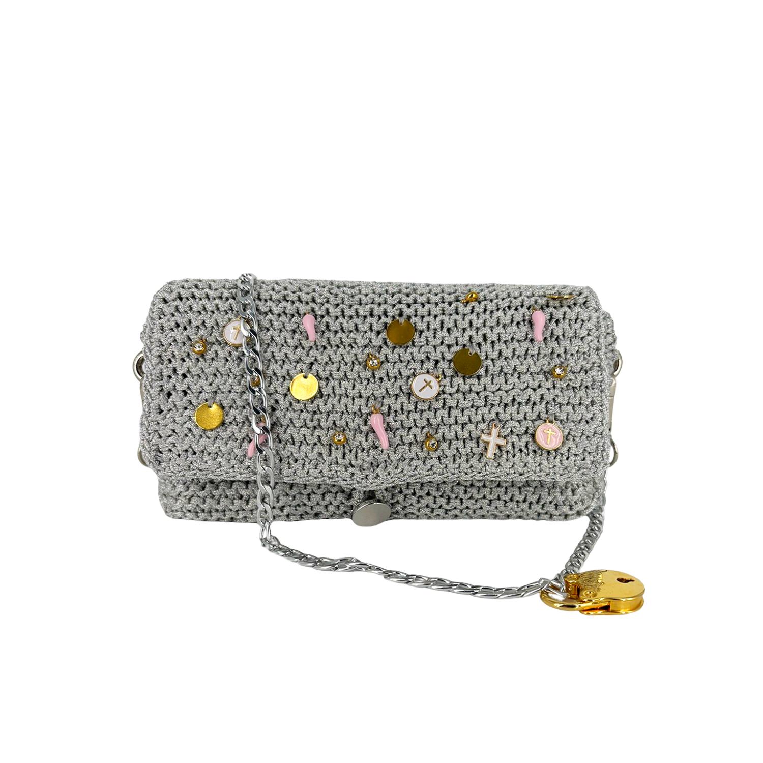 Hilo De Mar Women's Small Handknitted Handbag With Charms - Silver In Gray