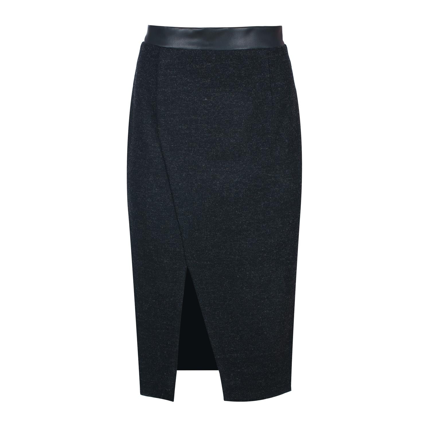 Conquista Women's Black Wool Pencil Skirt With Faux Leather Waistband – Front Slit In Black