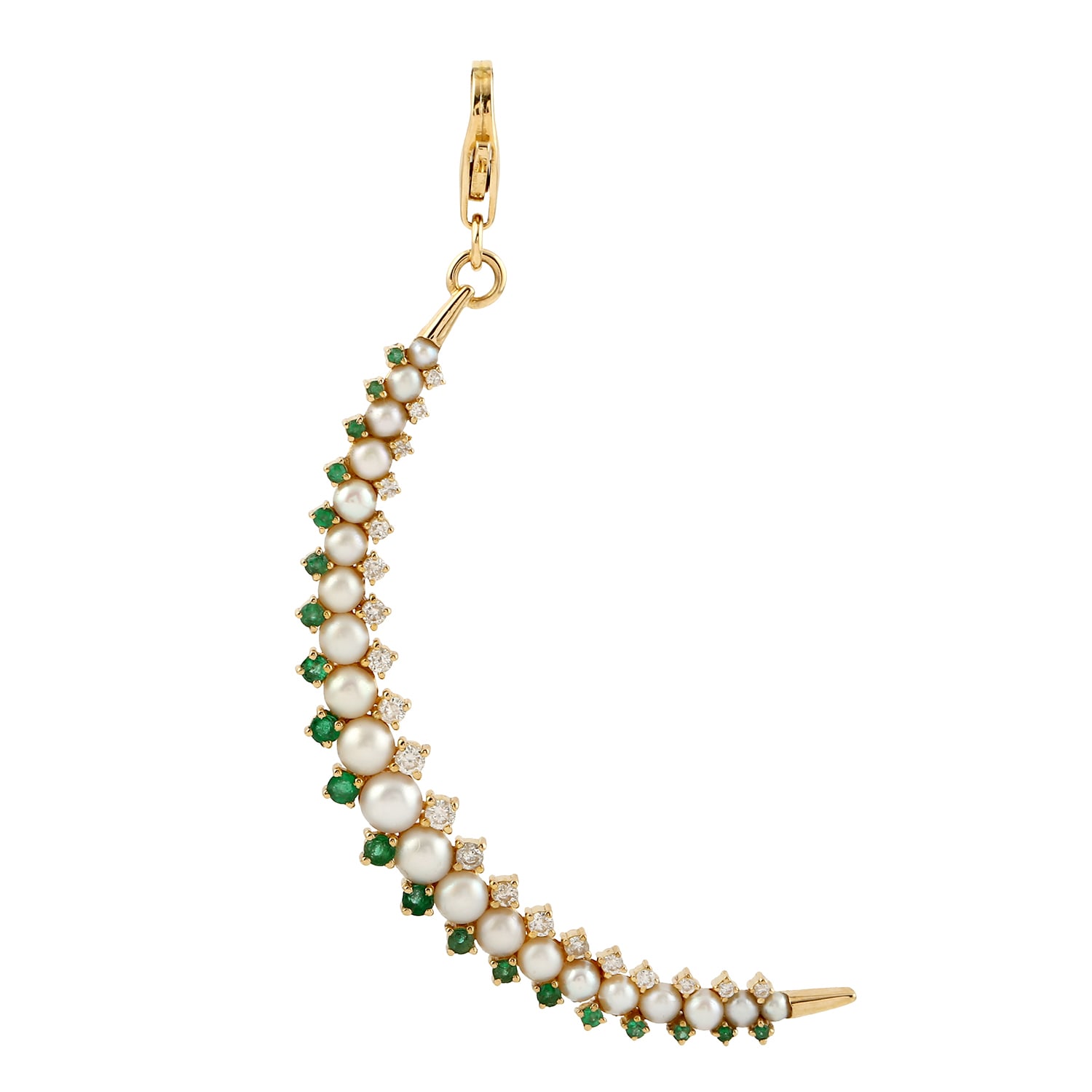 Women’s 18K Yellow Gold Pearl Emerald Crescent Moon Diamond Pendant Artisan