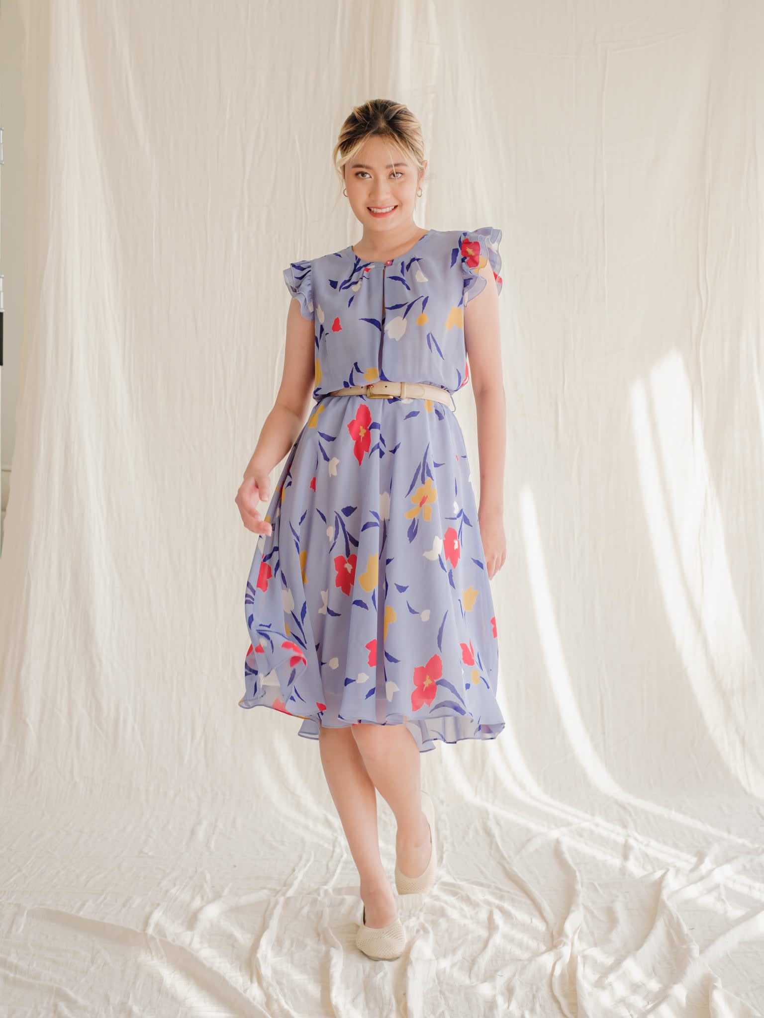 Flowy Light Blue Vintage Dress With Sleeveless Frill Design by Sugar Cream Vintage