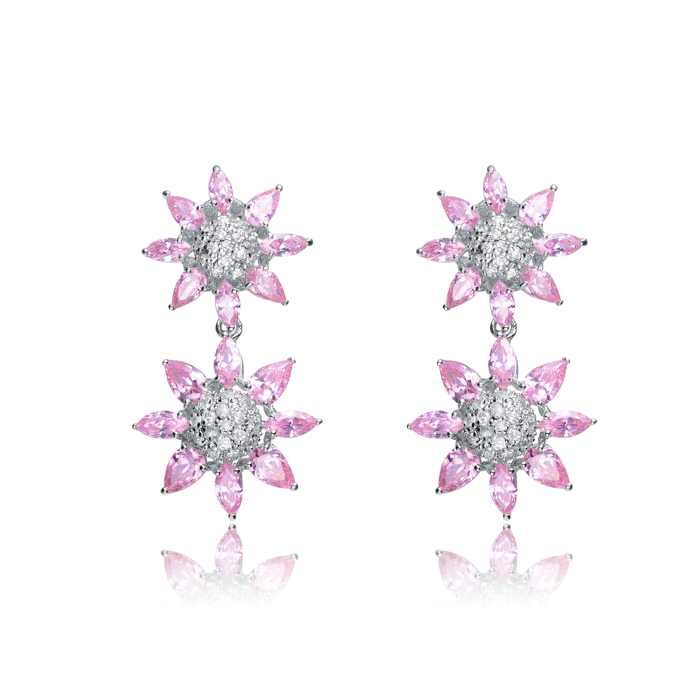 Women’s Silver / Pink / Purple Sterling Silver Clear & Pink Cubic Zirconia Pave Flower Earrings Genevive Jewelry