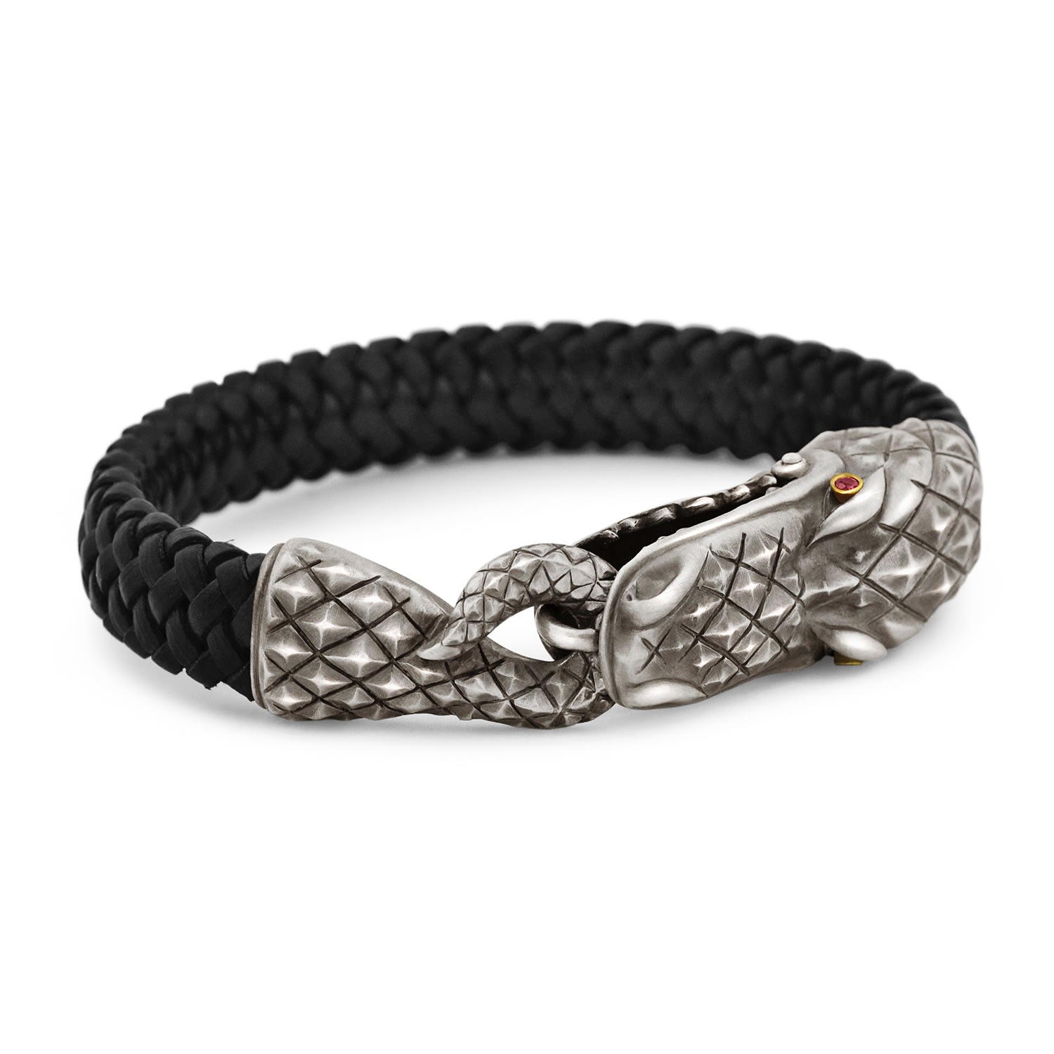 Snake Bones Men's Black / Silver Alligator Clasp Bracelet In Silver 18kt Gold And Rubies In Black/silver