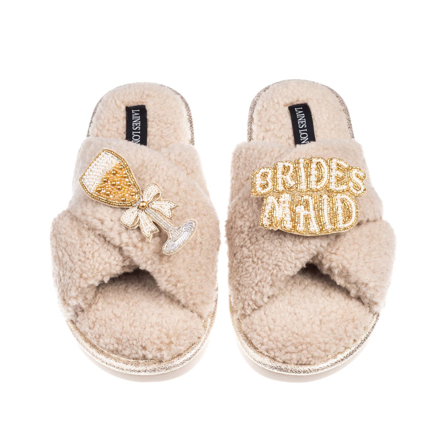 Women’s Brown / Neutrals Laines Neutral Boucle Slippers With Bridesmaid Brooches – Oatmeal | Extra Large | Laines London