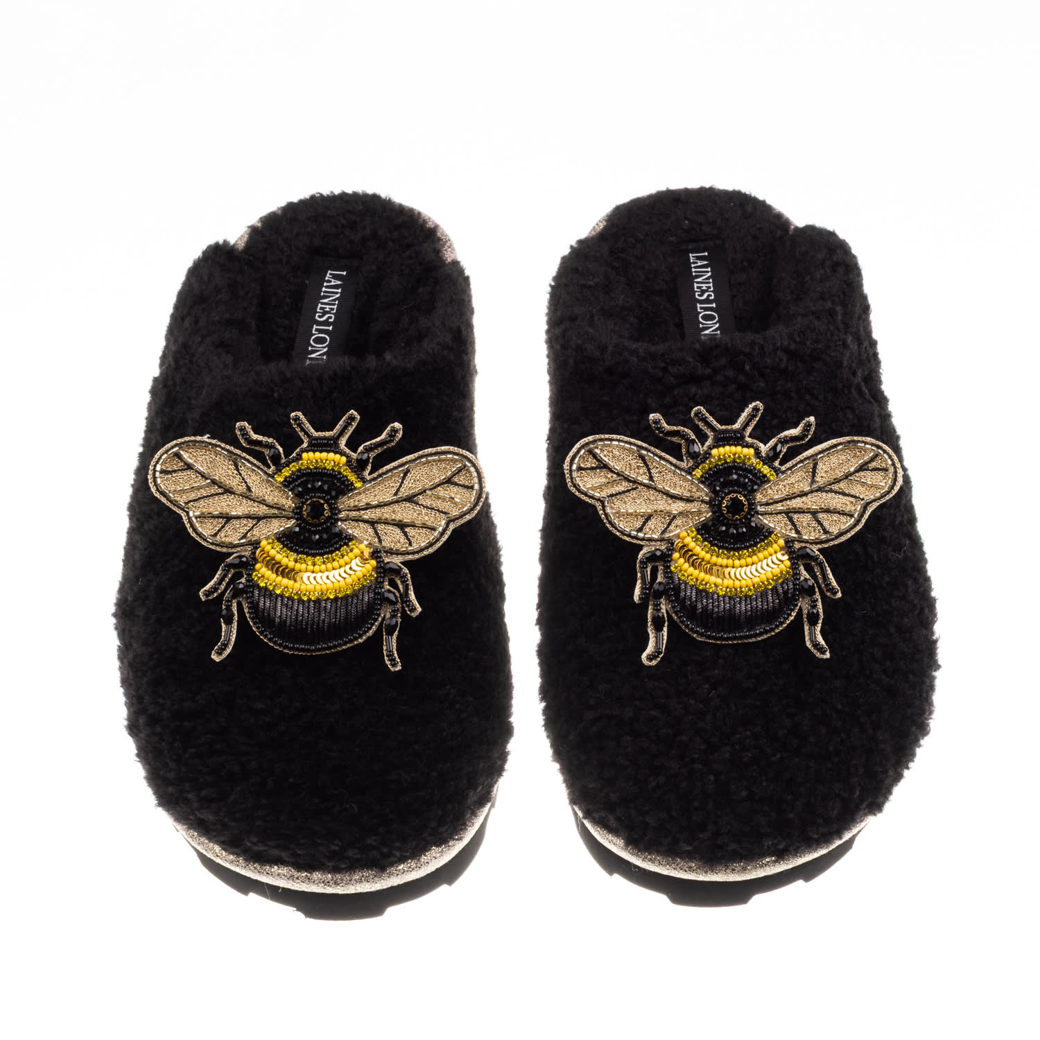Laines London Women's Teddy Closed Toe Slippers With Double Honeybee Brooches - Black In Black
