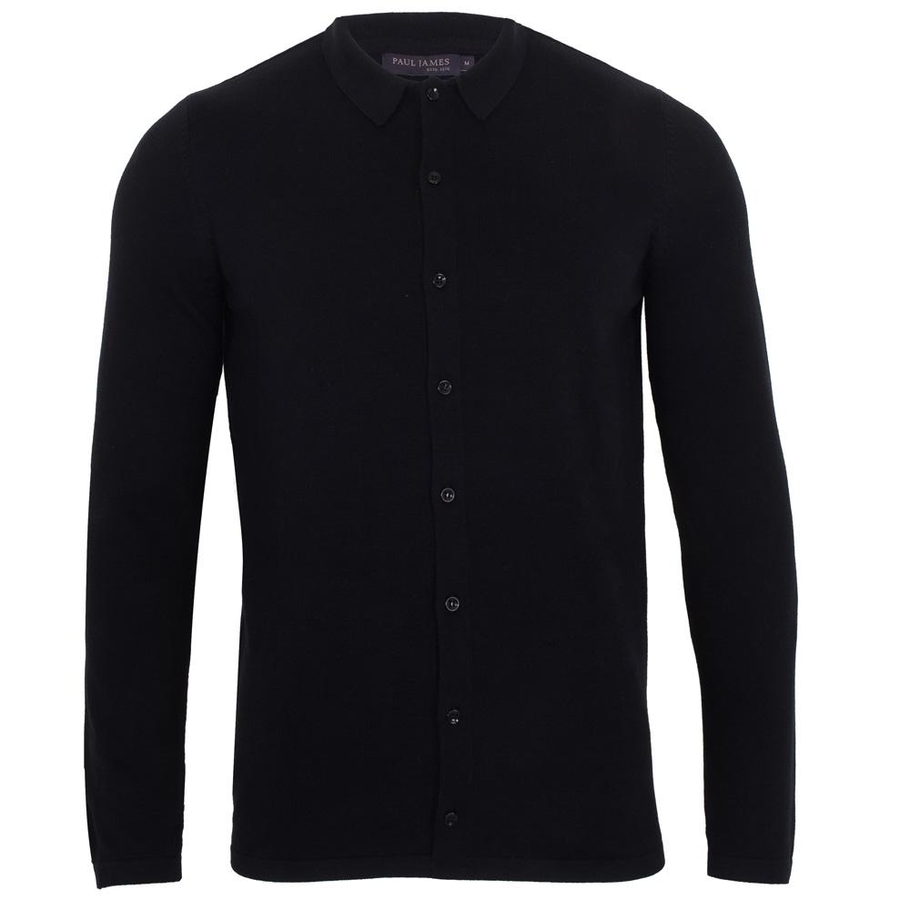 Mens Cotton Arthur Knitted Shirt - Black Large Paul James Knitwear