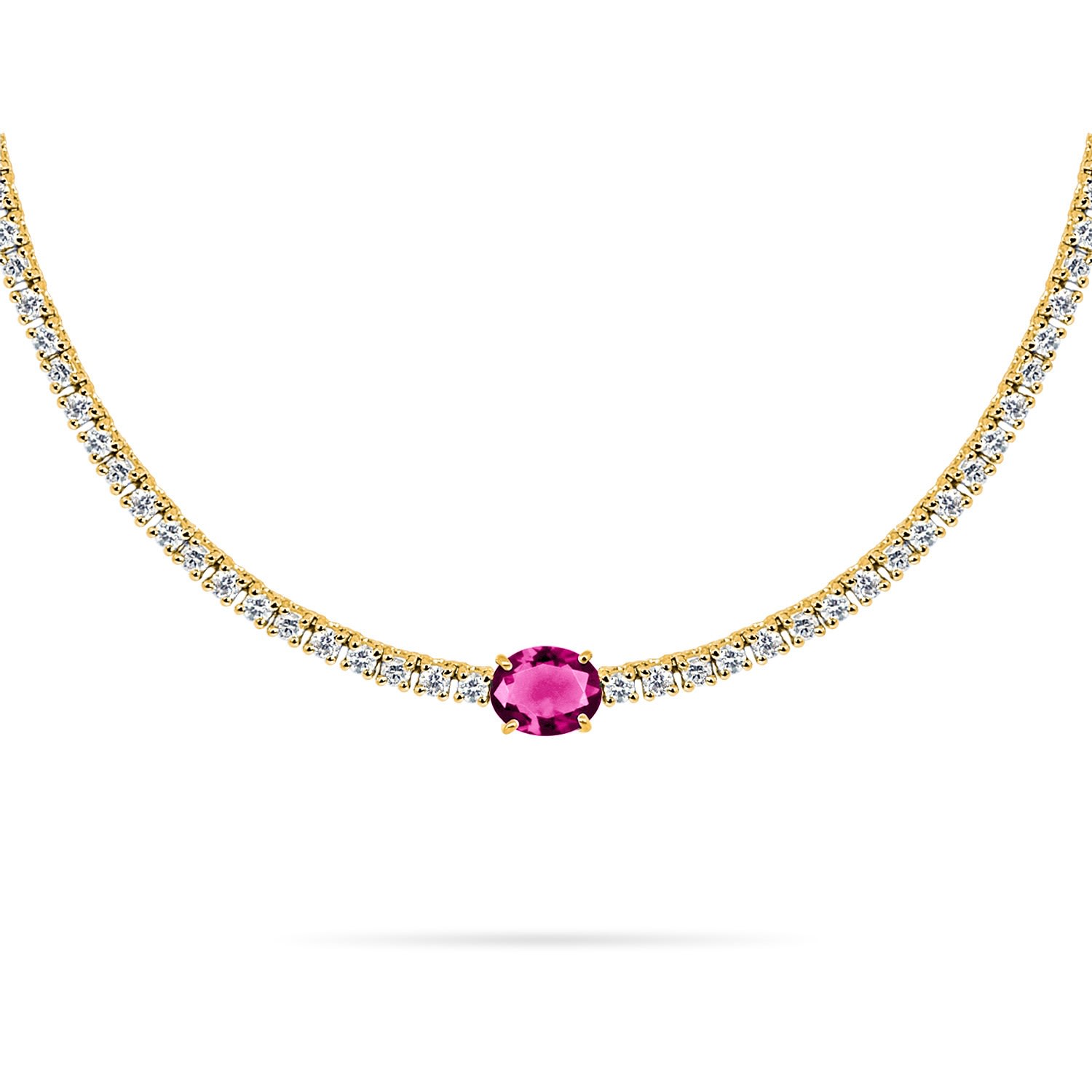Women’s Choker Tennis Scarlett Oval Precious Stone Diamonds 18K Yellow Gold Pink Sapphire Aquae Jewels