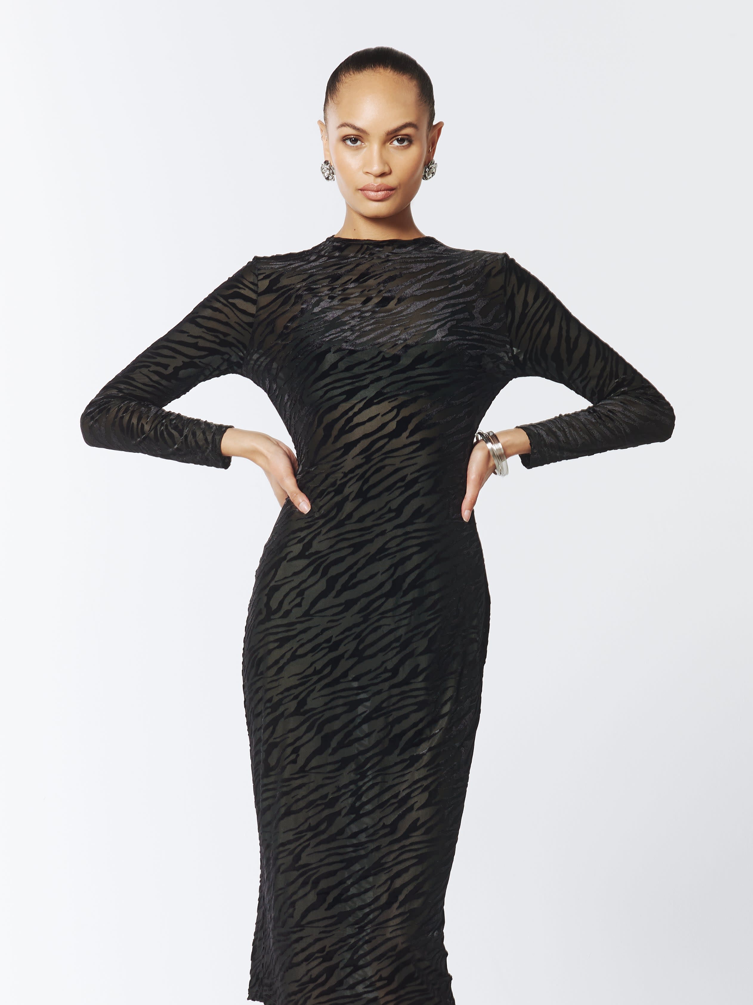 Zebra Pattern Velvet & Mesh Midi Dress In Black | SOUR FIGS