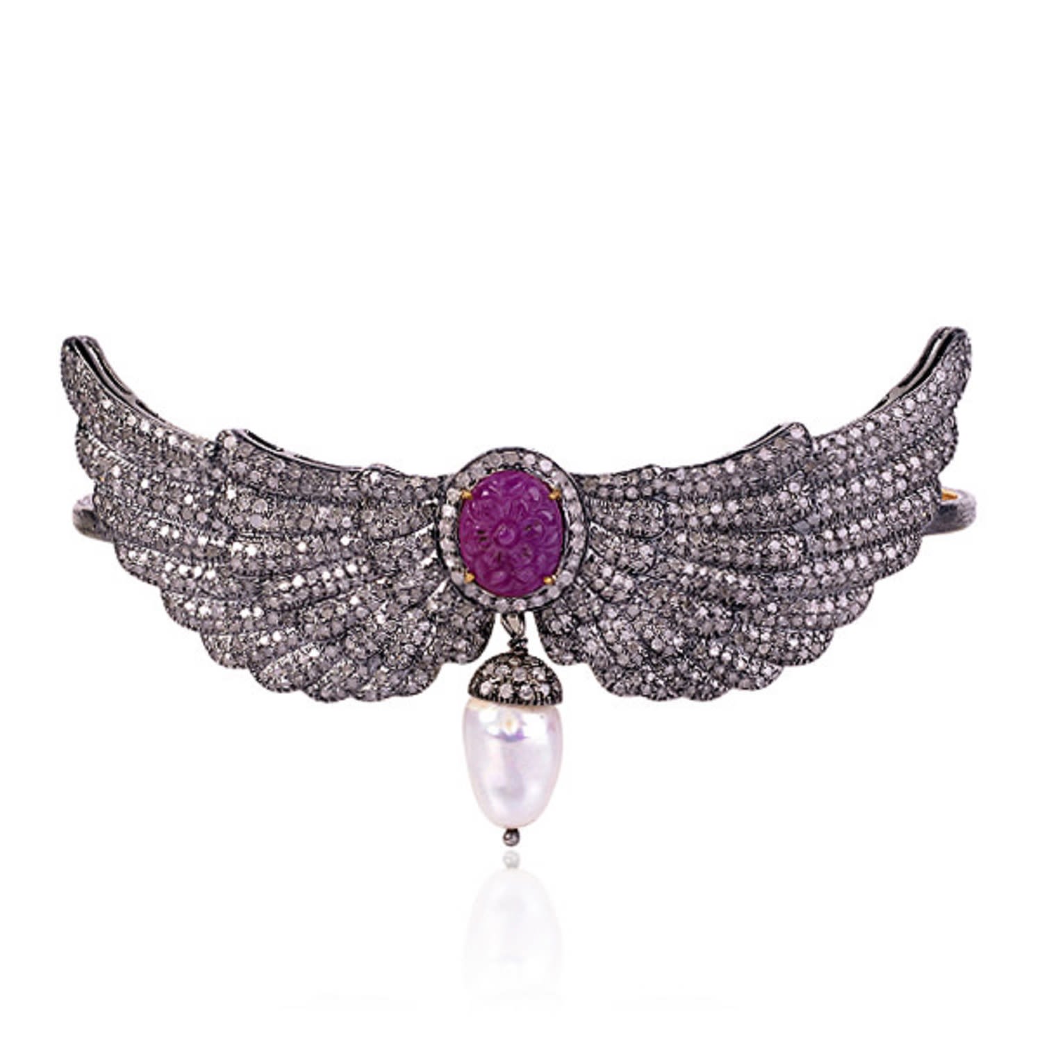 Women’s Gold / Pink / Purple 18K Gold 925 Silver With Carved Ruby & Pearl Pave Diamond Angel Wing Palm Bracelet Artisan