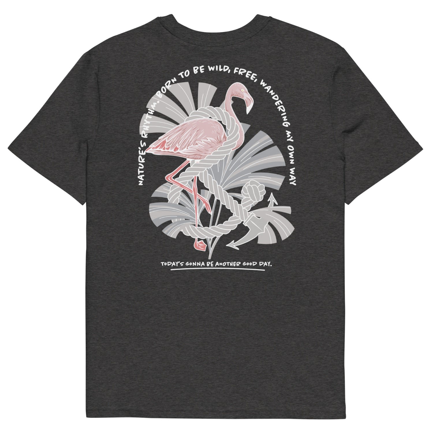 Anchor & Crew Dark Heather Grey Flamingo Another Good Day Organic Cotton T-shirt - Women In Grey