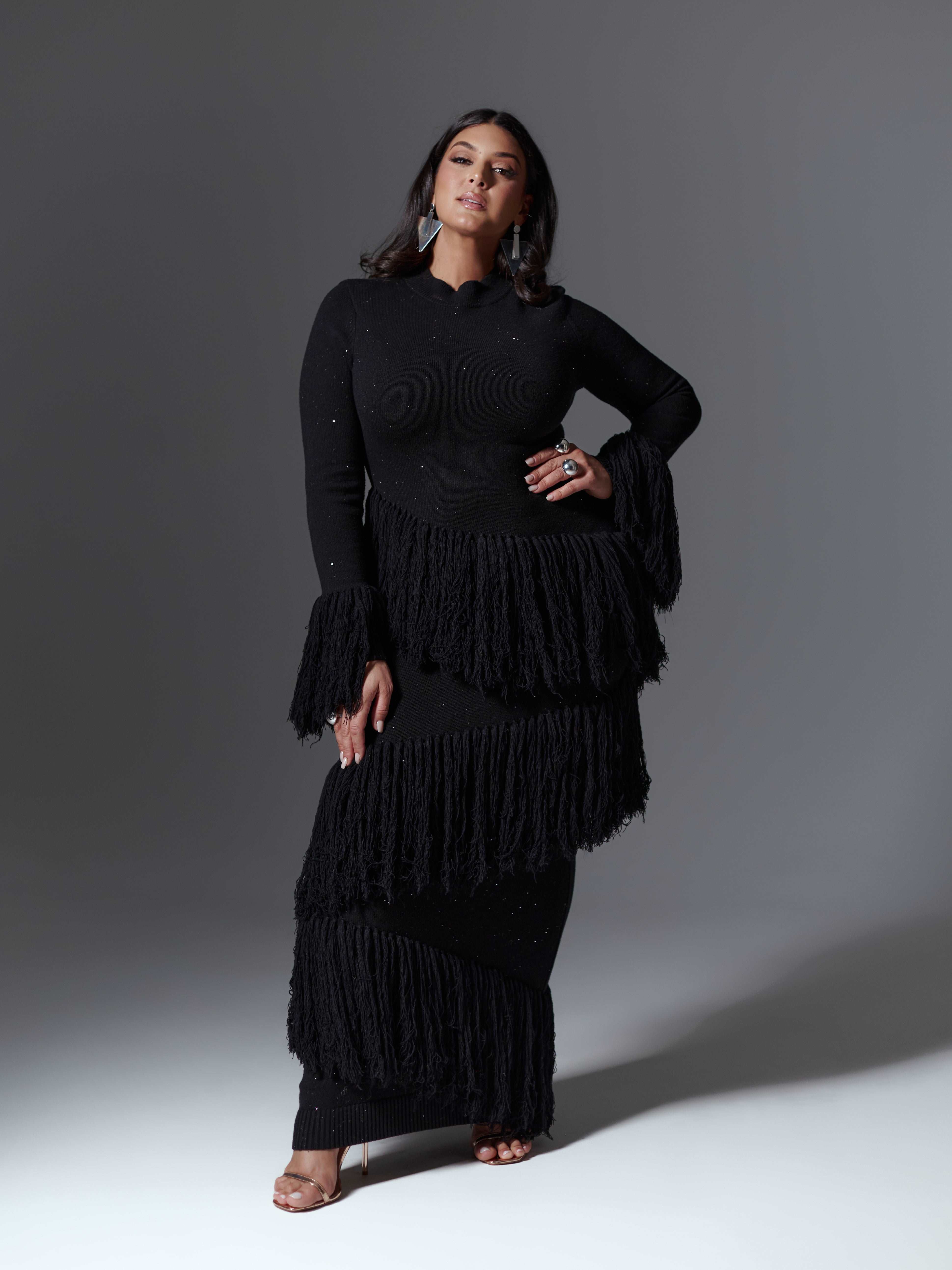Eme Sequin Fringe Maxi Dress in Black M/L