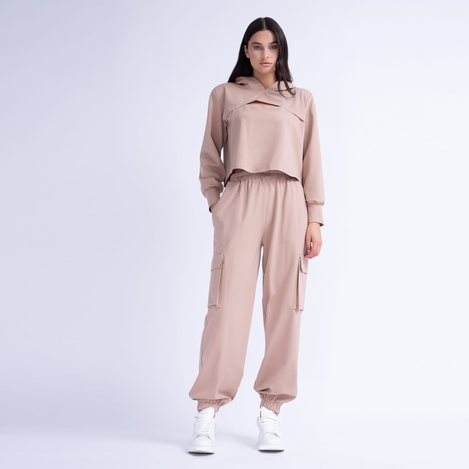 Beige Matching Set With Cut Out Hoodie And Cargo Pants