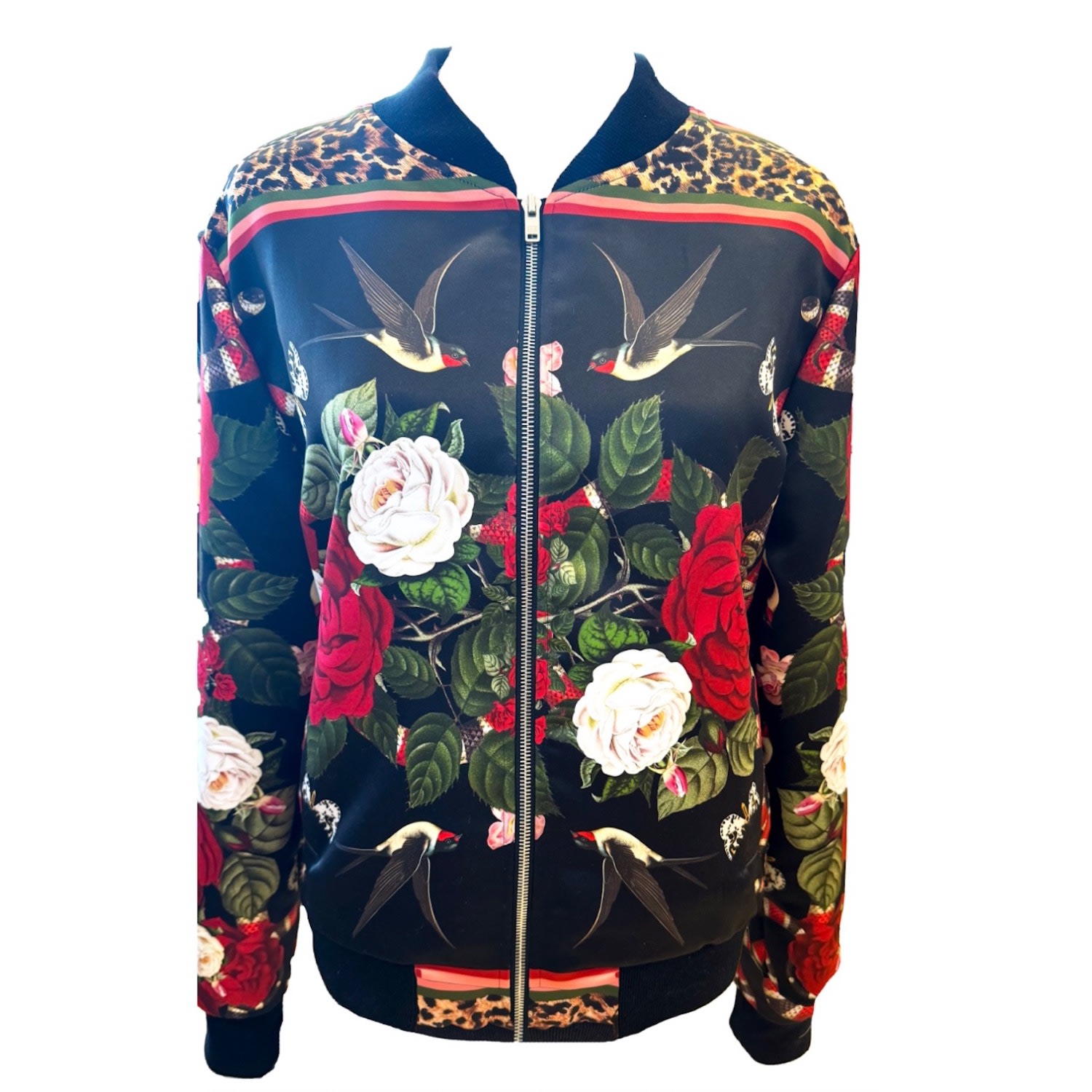 Black Rock ’N’ Roses Women’s Satin Bomber Jacket - Ink Large Myrtle & Mary