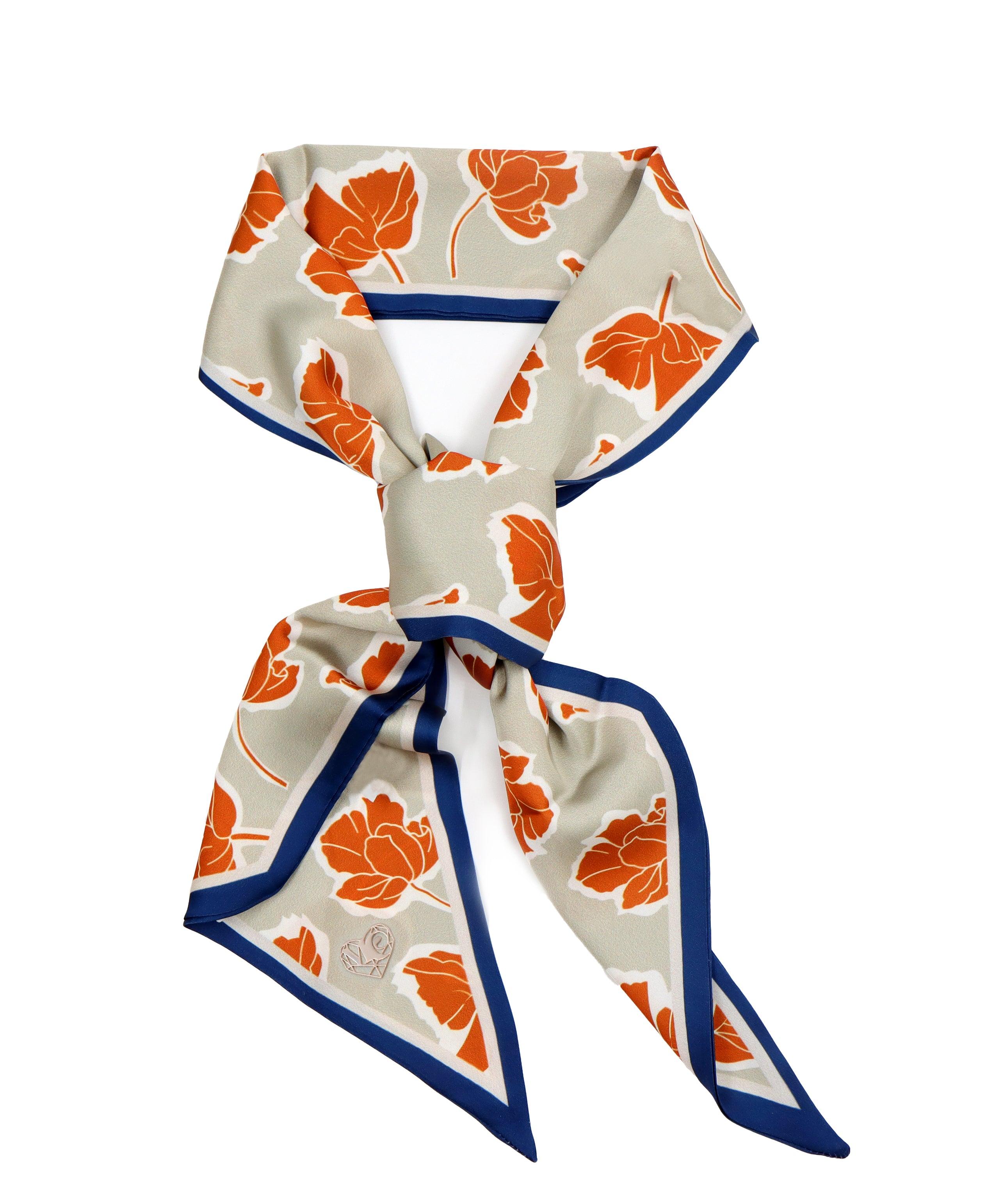 Miss Cicconi Women's Orange / Blue / White Brigitte - Silver Navy Brown Leaf Silk Hair Tie & Scarf In Multi