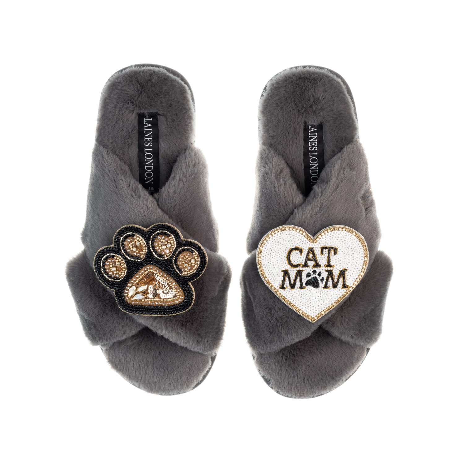 Women’s Classic Laines Slippers With Paw & Cat Mum / Mom Brooches - Grey Large Laines London