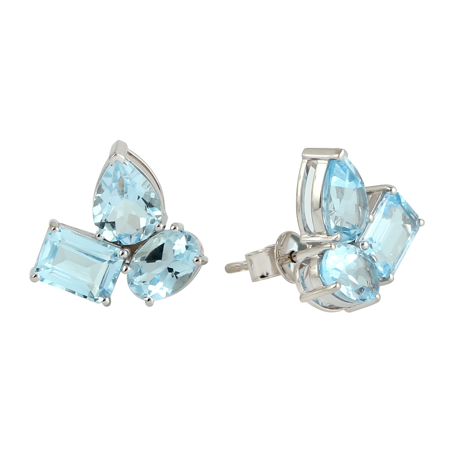 Women’s 18K White Gold Blue Topaz Gemstone Stud Earrings Artisan