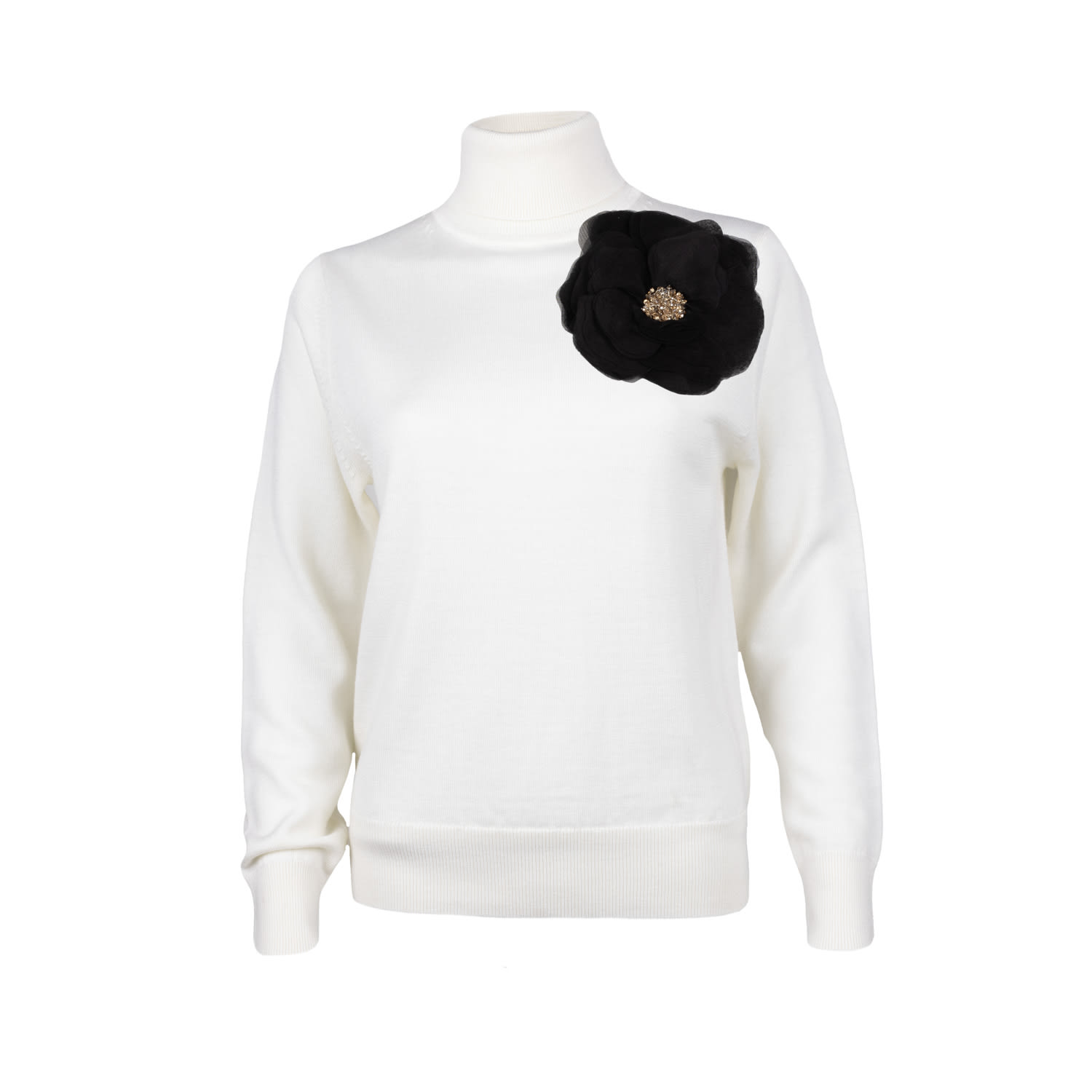Laines London Women's White / Neutrals / Black Laines Couture Embellished Black Corsage Knitted Roll Neck Jumper - In White/black