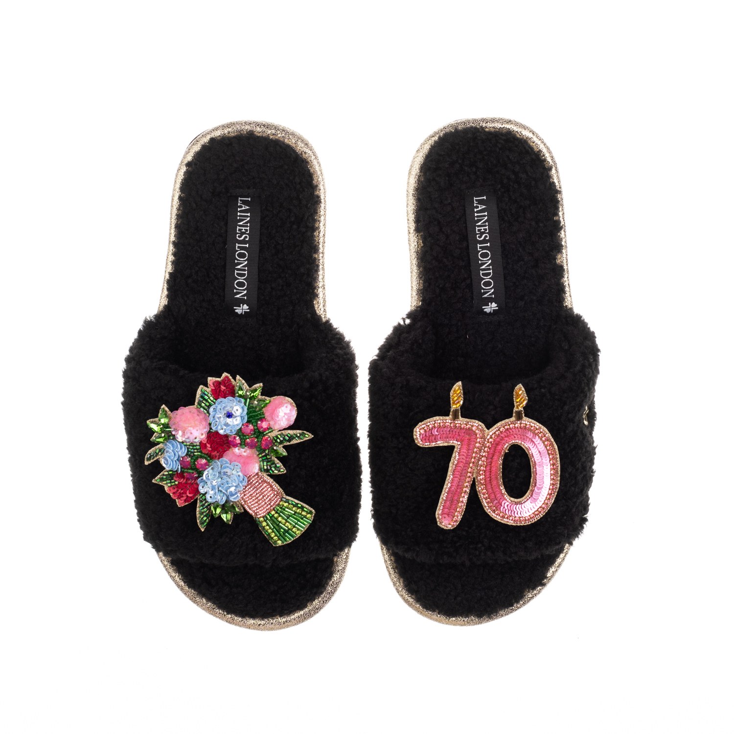 Laines London Women's Teddy Toweling Slipper Sliders With 70th Birthday & Flowers Brooches - Black In Black