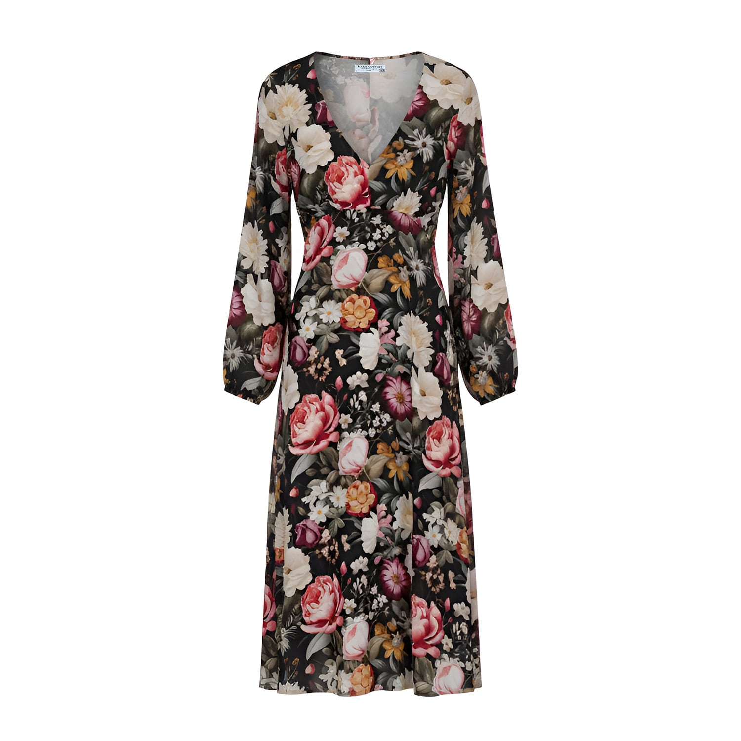 Haris Cotton Women's Floral Satin Midi Dress With Front Pleats And Long Sleeves Beige Garden In Neutral