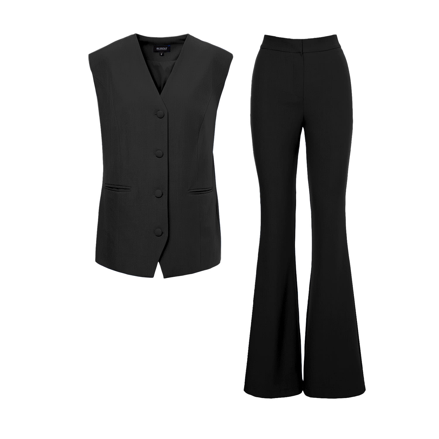 Bluzat Women's Black Suit With Oversized Vest And Flared Trousers In Black