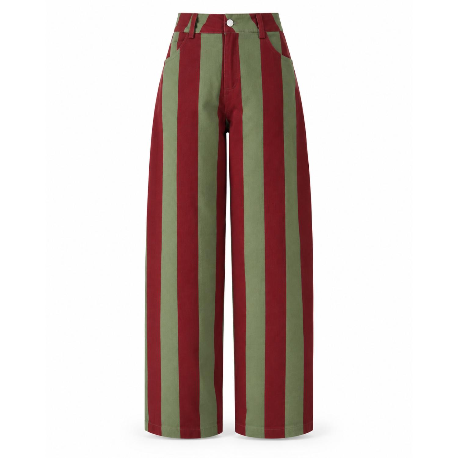 Mind Traveler Women's Green Burgundy & Khaki Striped Clarissa Balloon Jeans