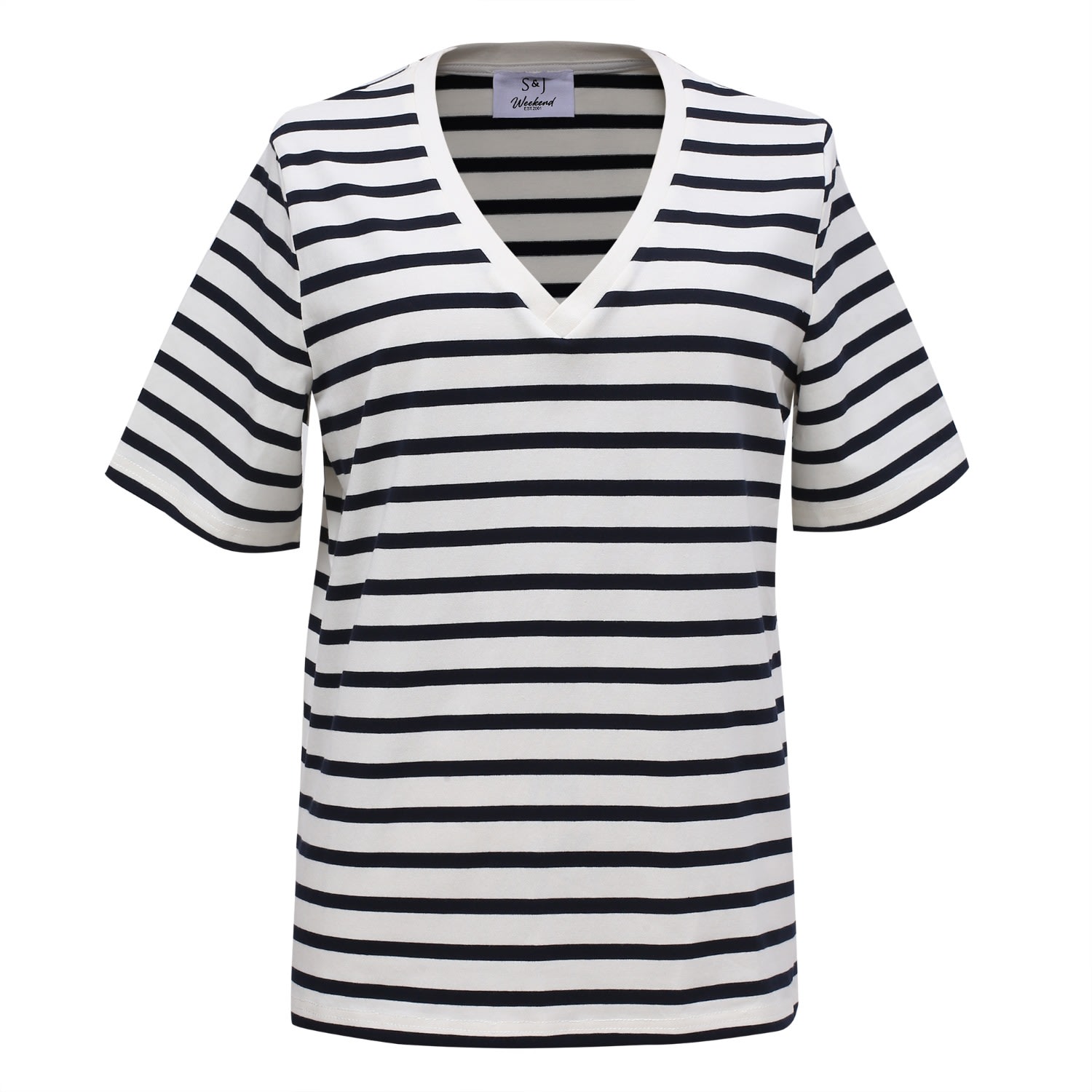Smart And Joy Women's Black V Neck Stripes Cotton T-shirt - Navy & White In Black
