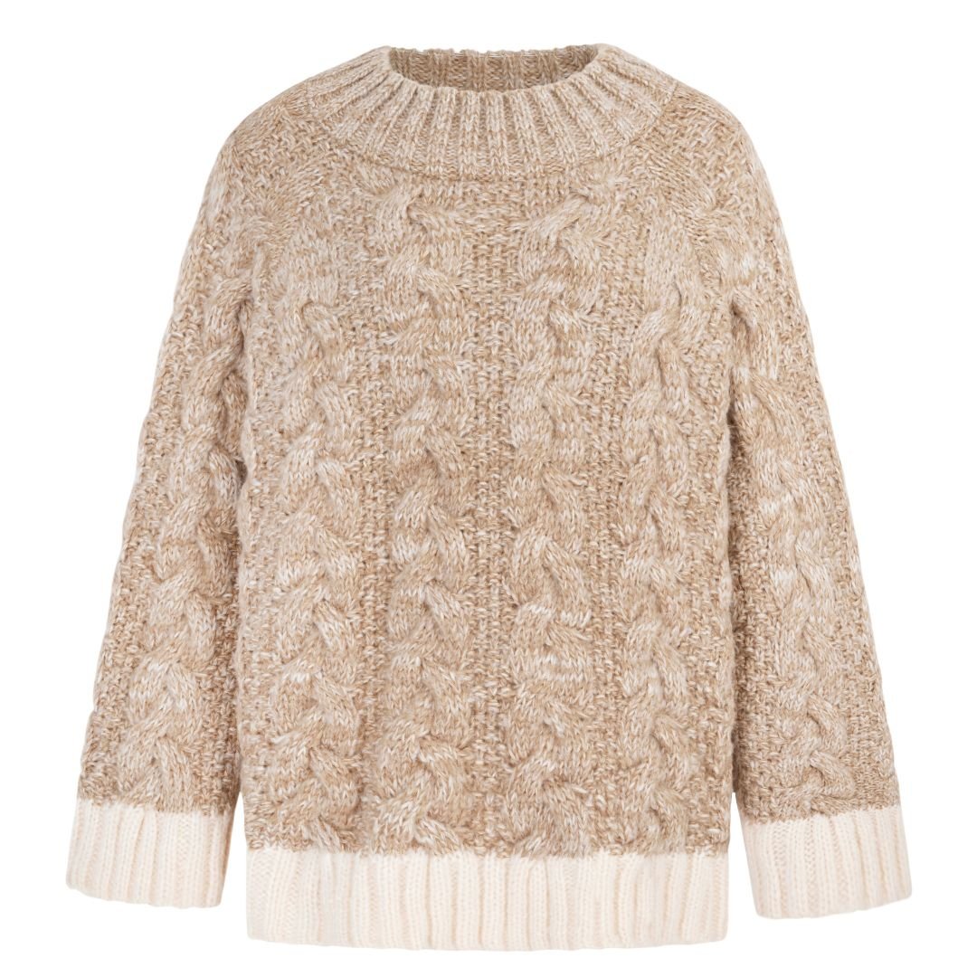 Cara & The Sky Women's Brown Jennie Cable High Neck Balloon Sleeve Jumper - Beige In Brown